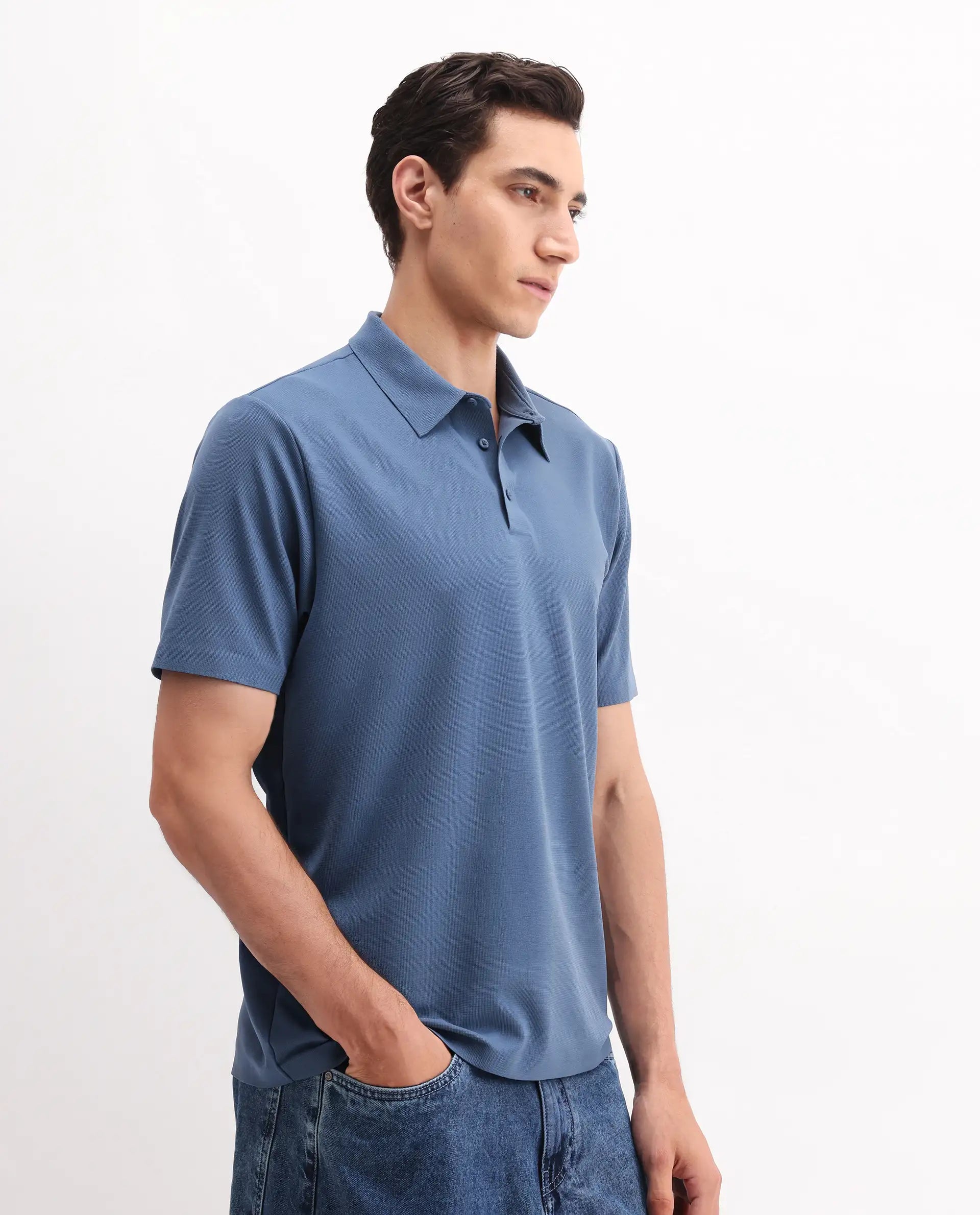 Rare Rabbit Men's Atticus Dusky Blue Nylon Plain Regular Fit Half Sleeve Polo