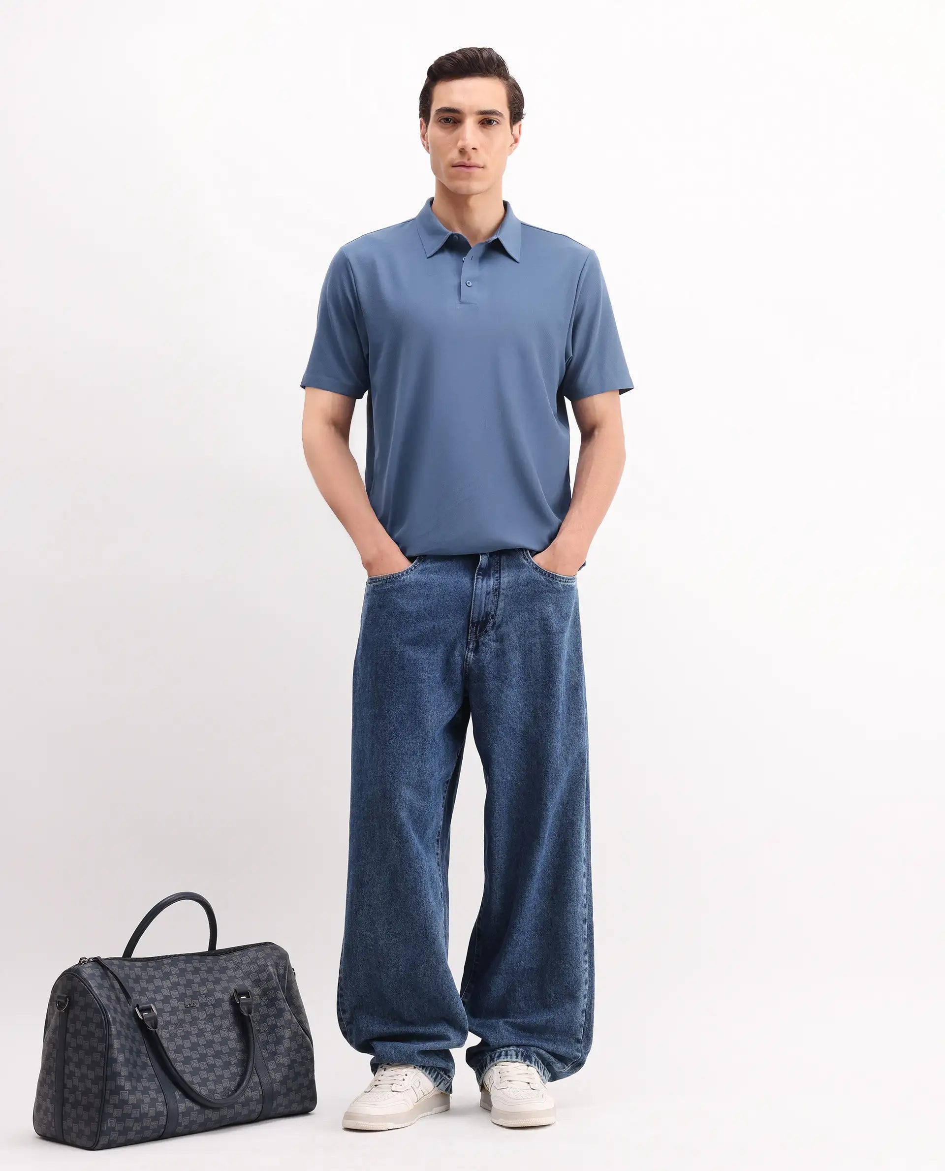 Rare Rabbit Men's Atticus Dusky Blue Nylon Plain Regular Fit Half Sleeve Polo