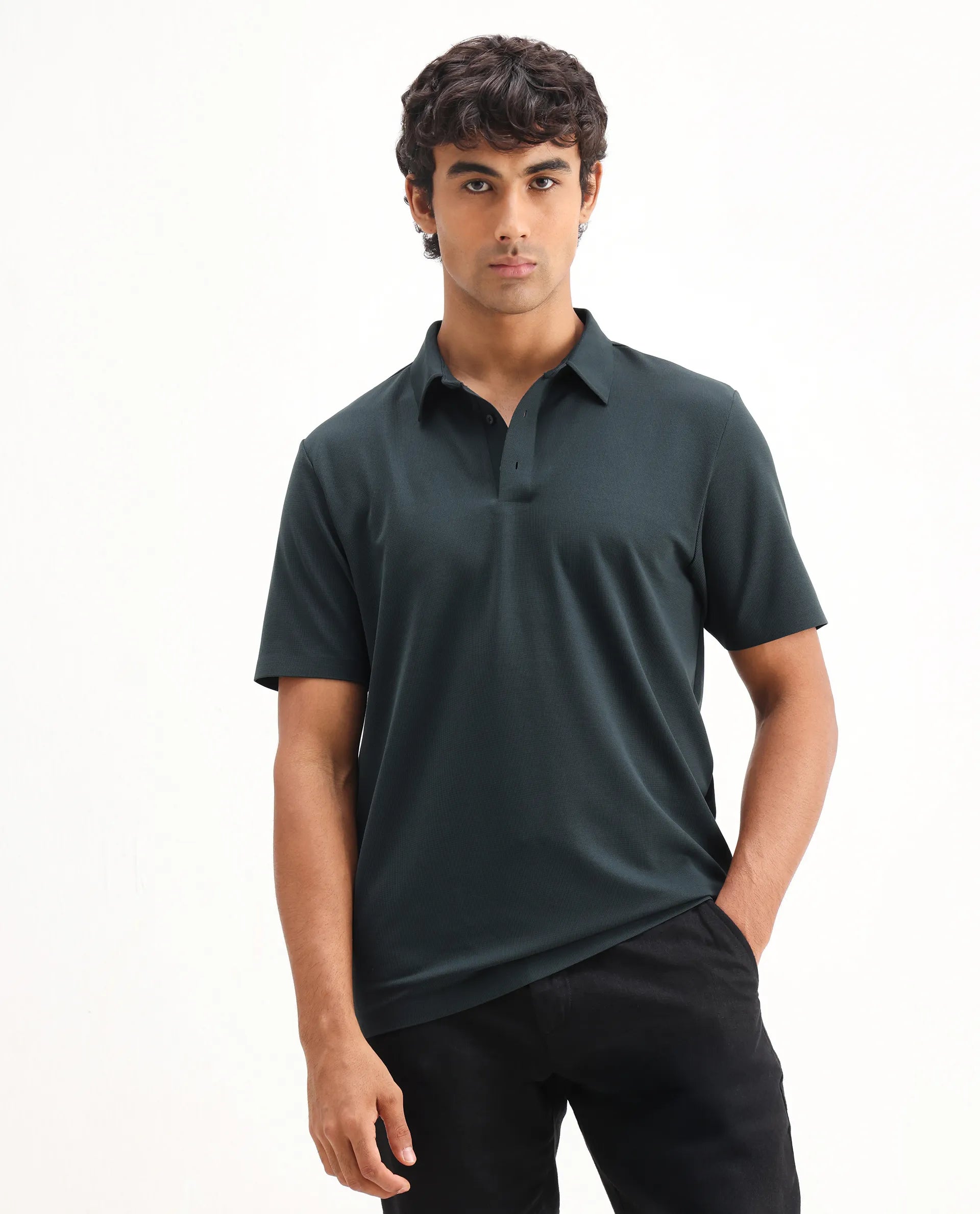 Rare Rabbit Men's Atticus Petrol Nylon Plain Regular Fit Half Sleeve Polo