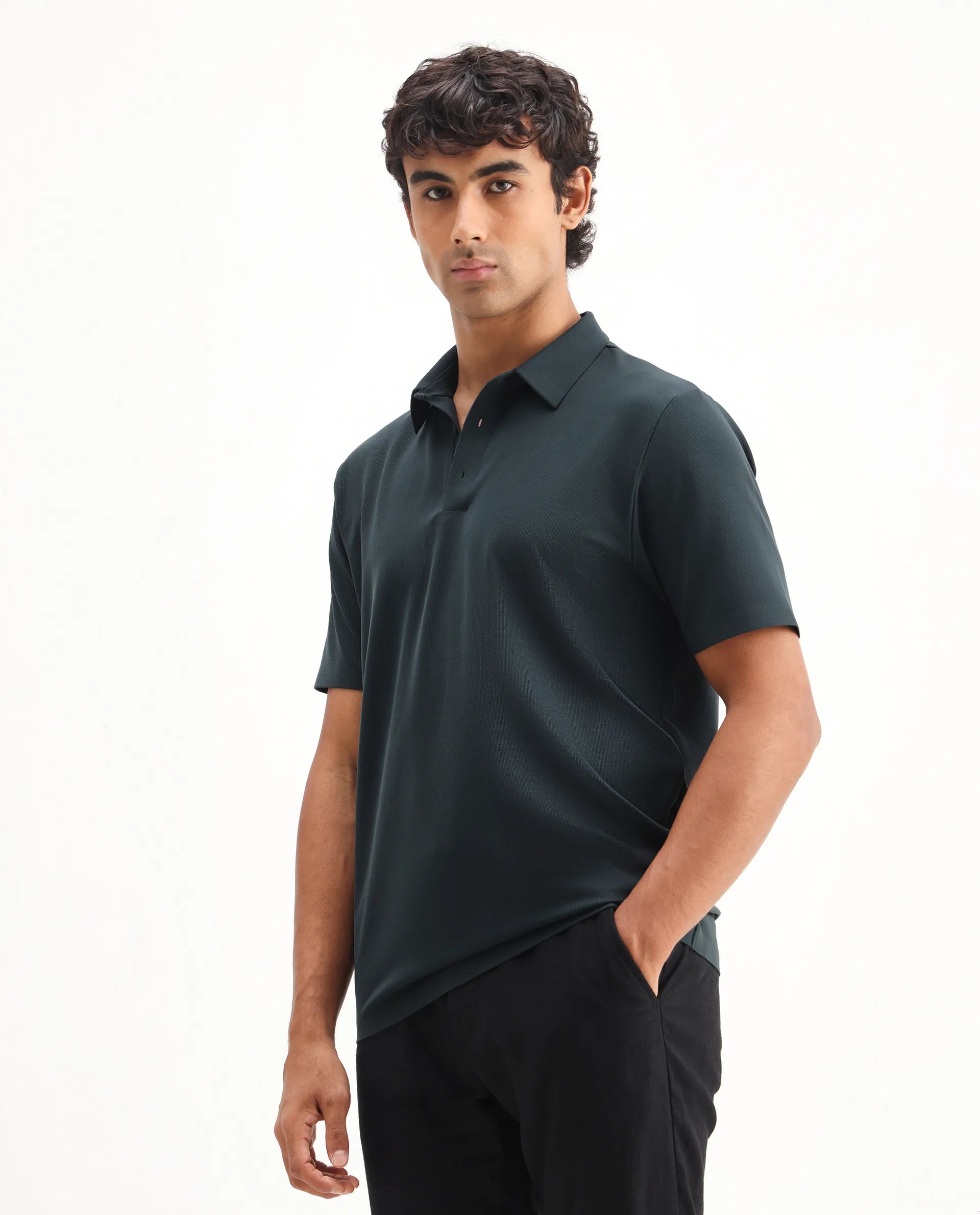 Rare Rabbit Men's Atticus Petrol Nylon Plain Regular Fit Half Sleeve Polo