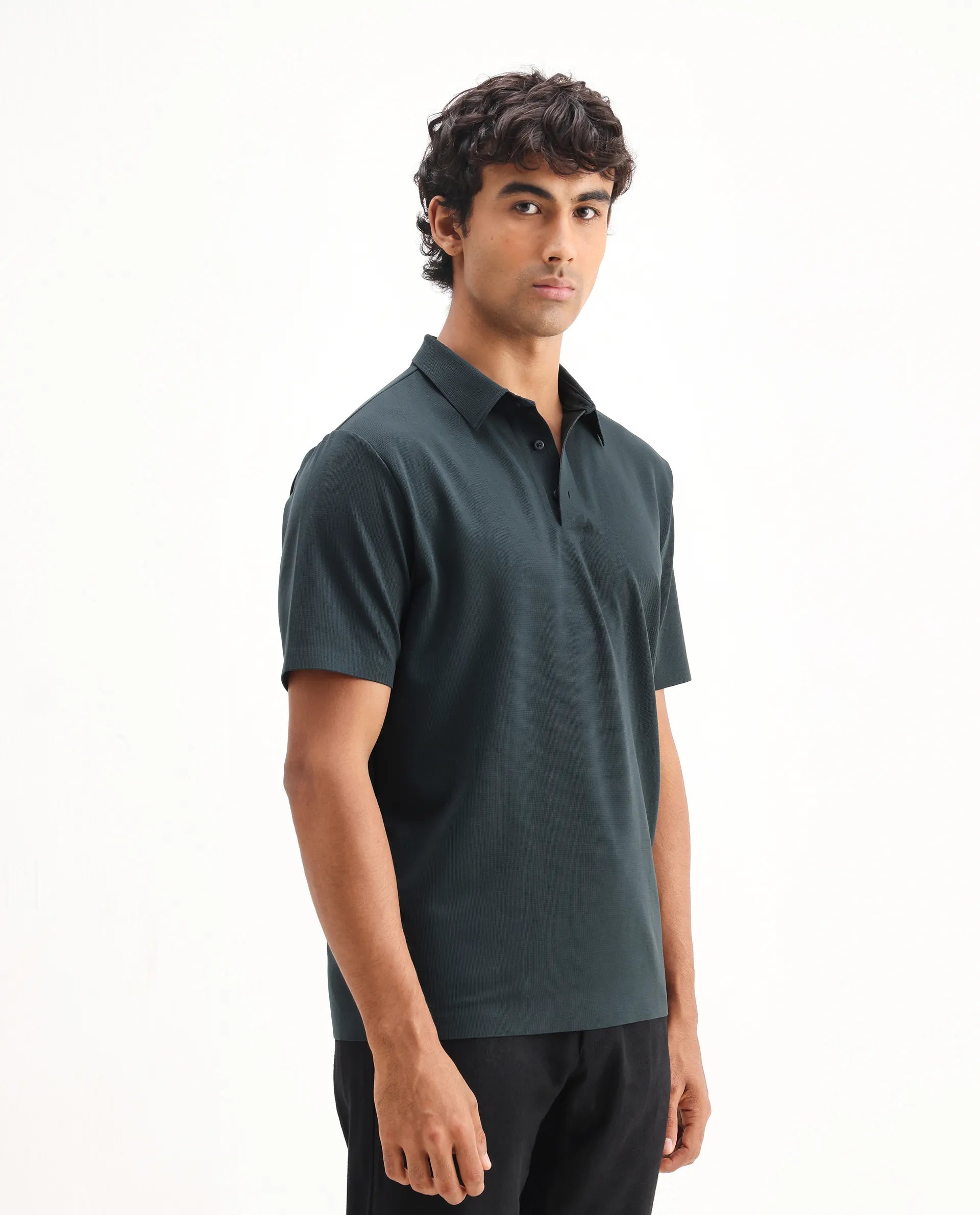 Rare Rabbit Men's Atticus Petrol Nylon Plain Regular Fit Half Sleeve Polo