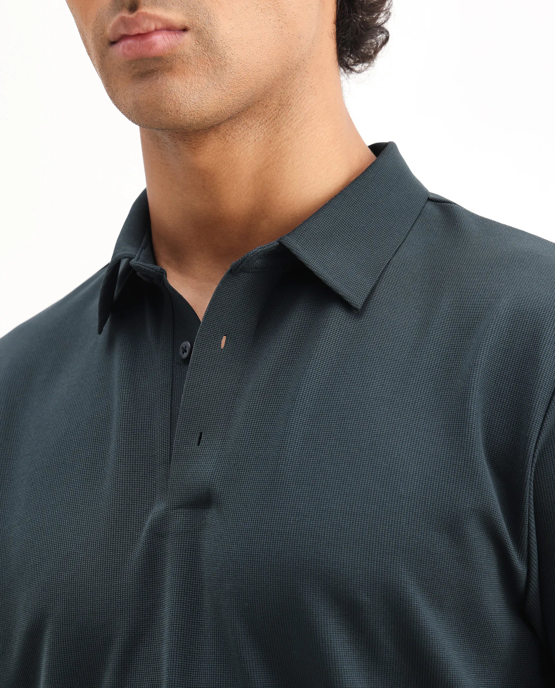 Rare Rabbit Men's Atticus Petrol Nylon Plain Regular Fit Half Sleeve Polo