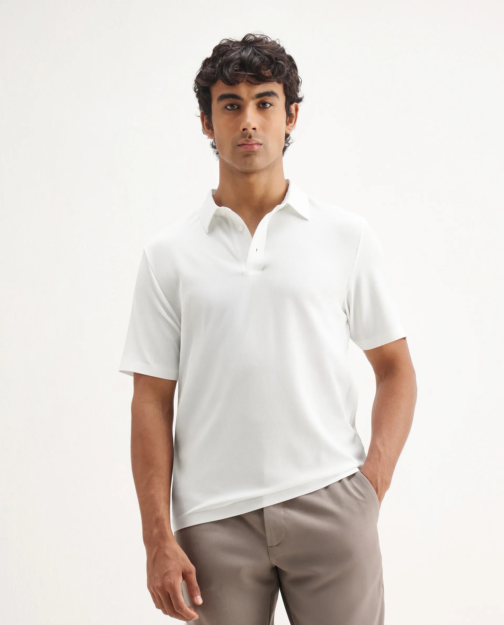 Rare Rabbit Men's Atticus White Nylon Plain Regular Fit Half Sleeve Polo