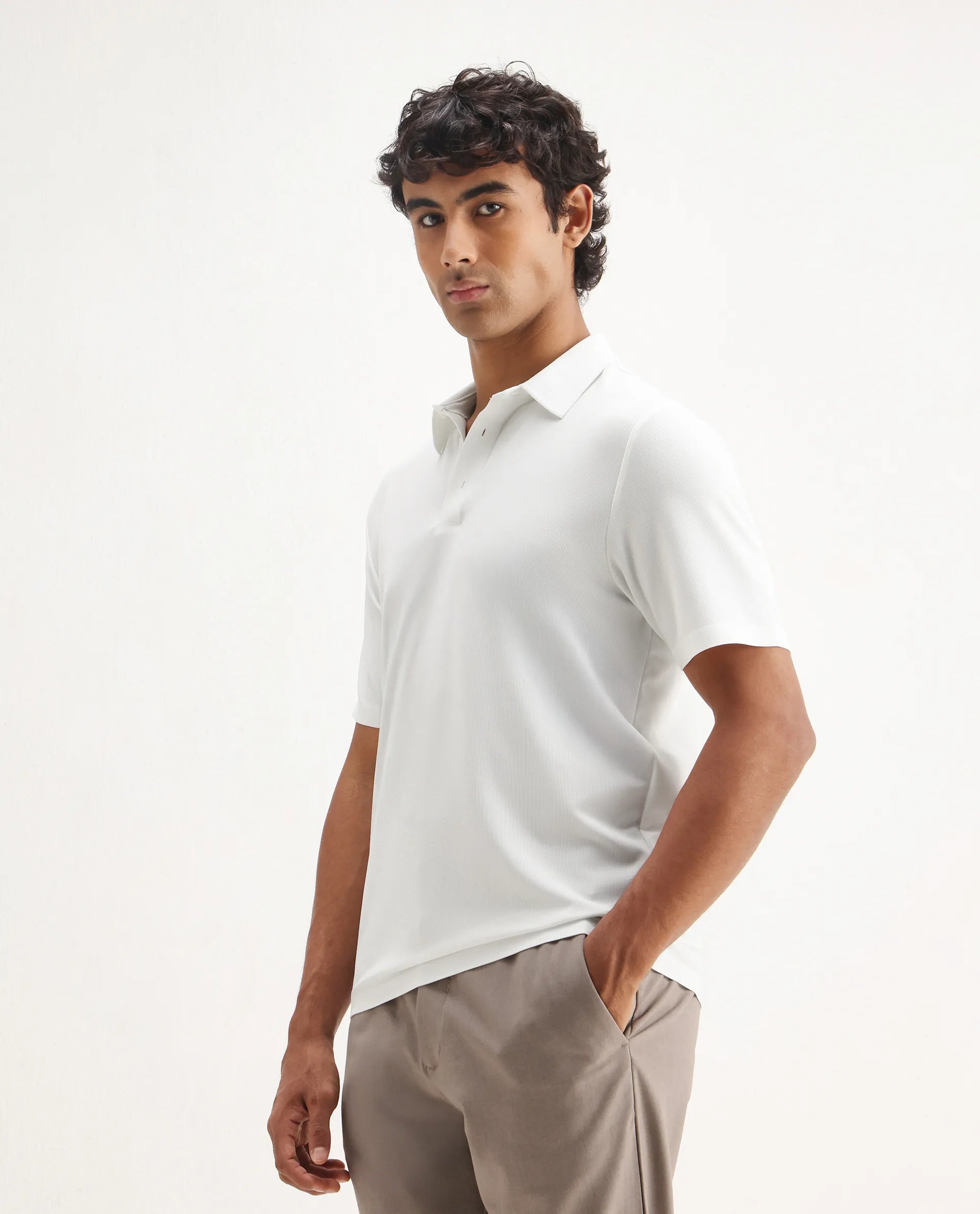 Rare Rabbit Men's Atticus White Nylon Plain Regular Fit Half Sleeve Polo