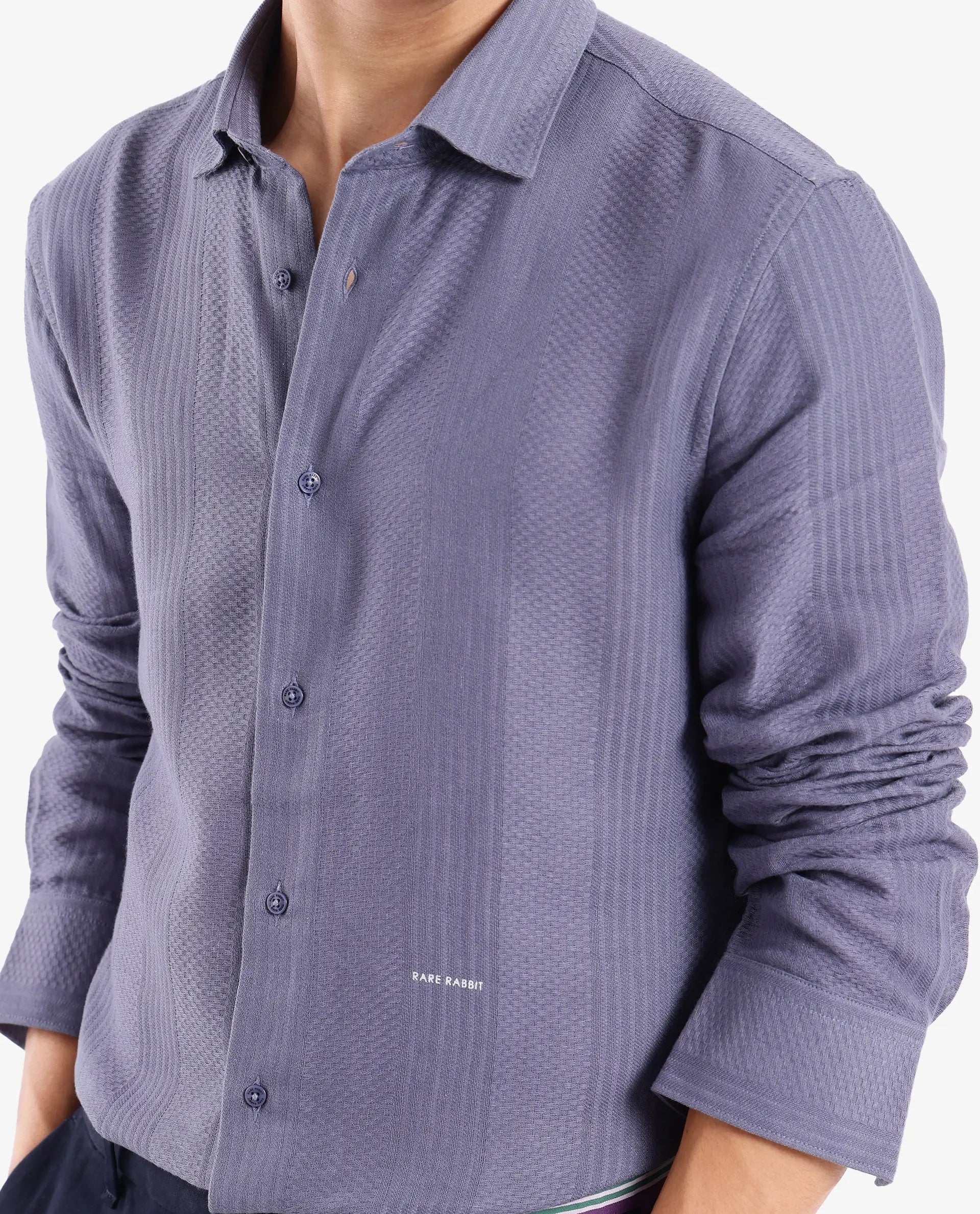 Rare Rabbit Men Aube Dusky Blue Cotton Fabric Full Sleeve Slim Fit Plain Shirt