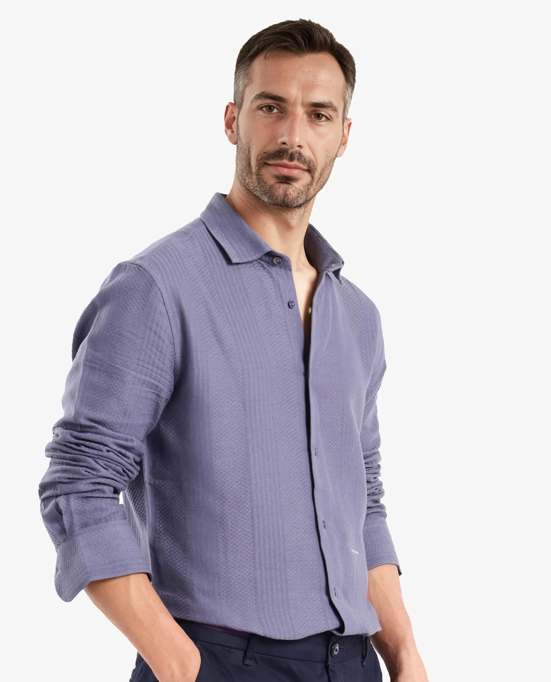 Rare Rabbit Men Aube Dusky Blue Cotton Fabric Full Sleeve Slim Fit Plain Shirt