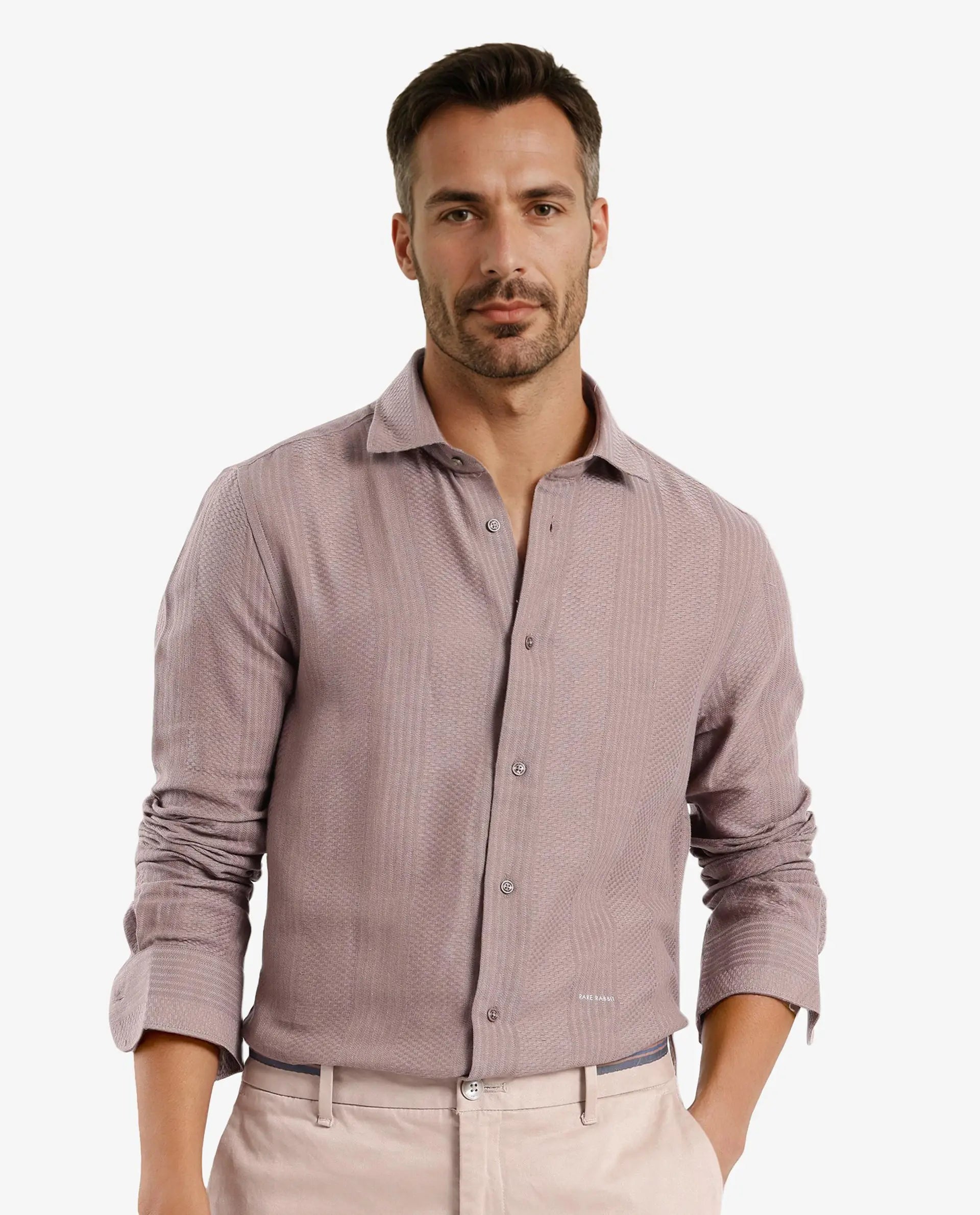 Rare Rabbit Men Aube Light Brown Cotton Fabric Full Sleeve Slim Fit Plain Shirt