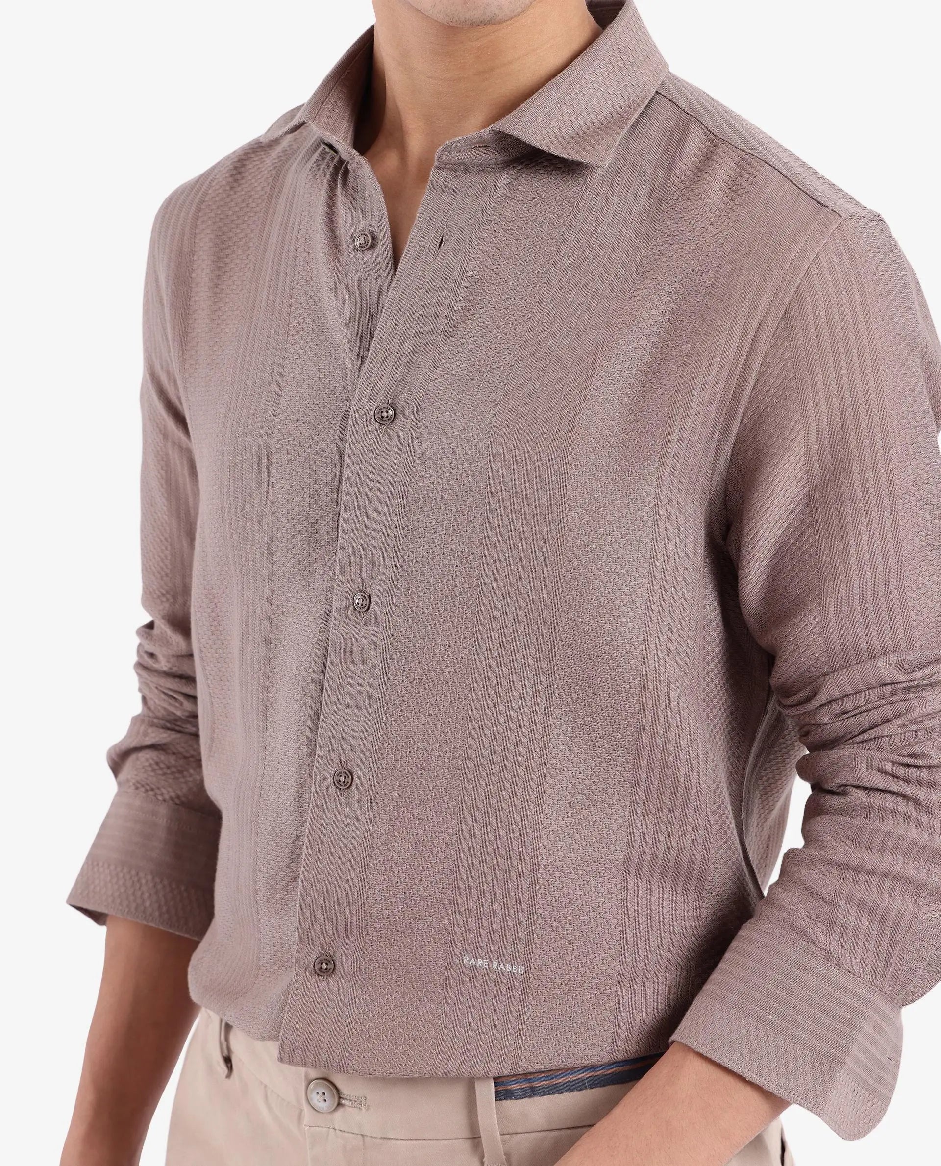 Rare Rabbit Men Aube Light Brown Cotton Fabric Full Sleeve Slim Fit Plain Shirt