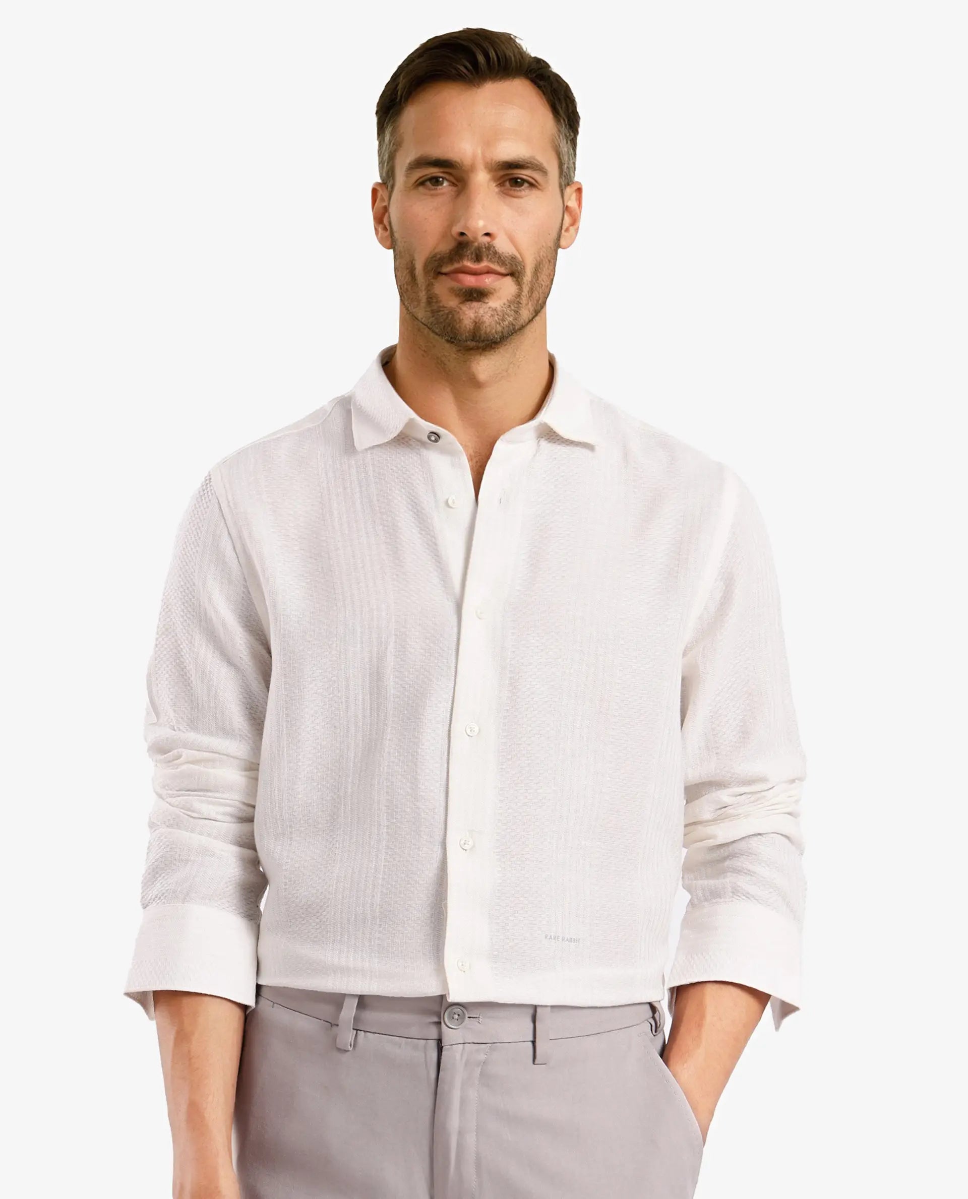 Rare Rabbit Men Aube Off White Cotton Fabric Full Sleeve Slim Fit Plain Shirt