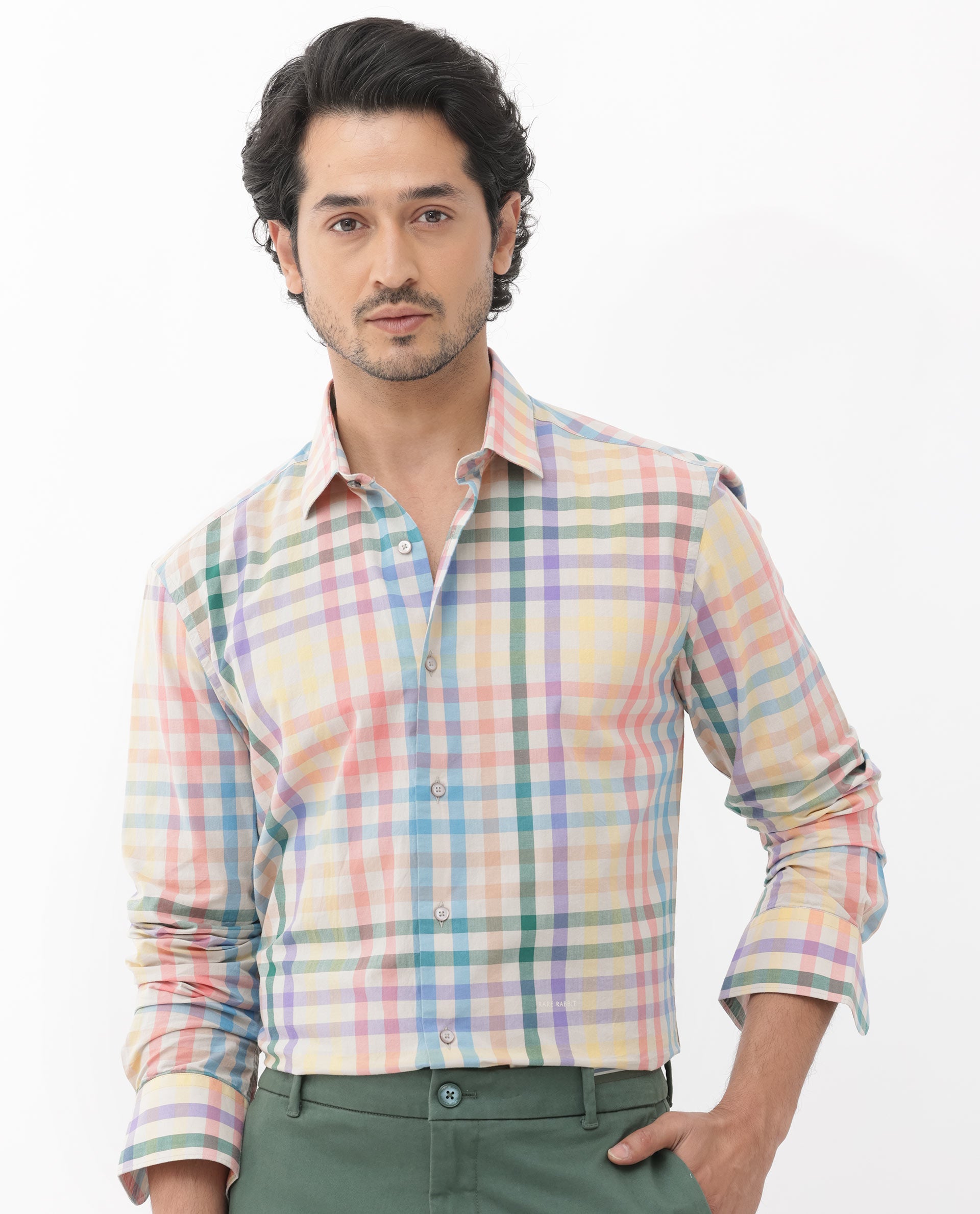 Rare Rabbit Mens Aubin Beige Cotton Fabric Full Sleeves Multicolored Checks Shirt