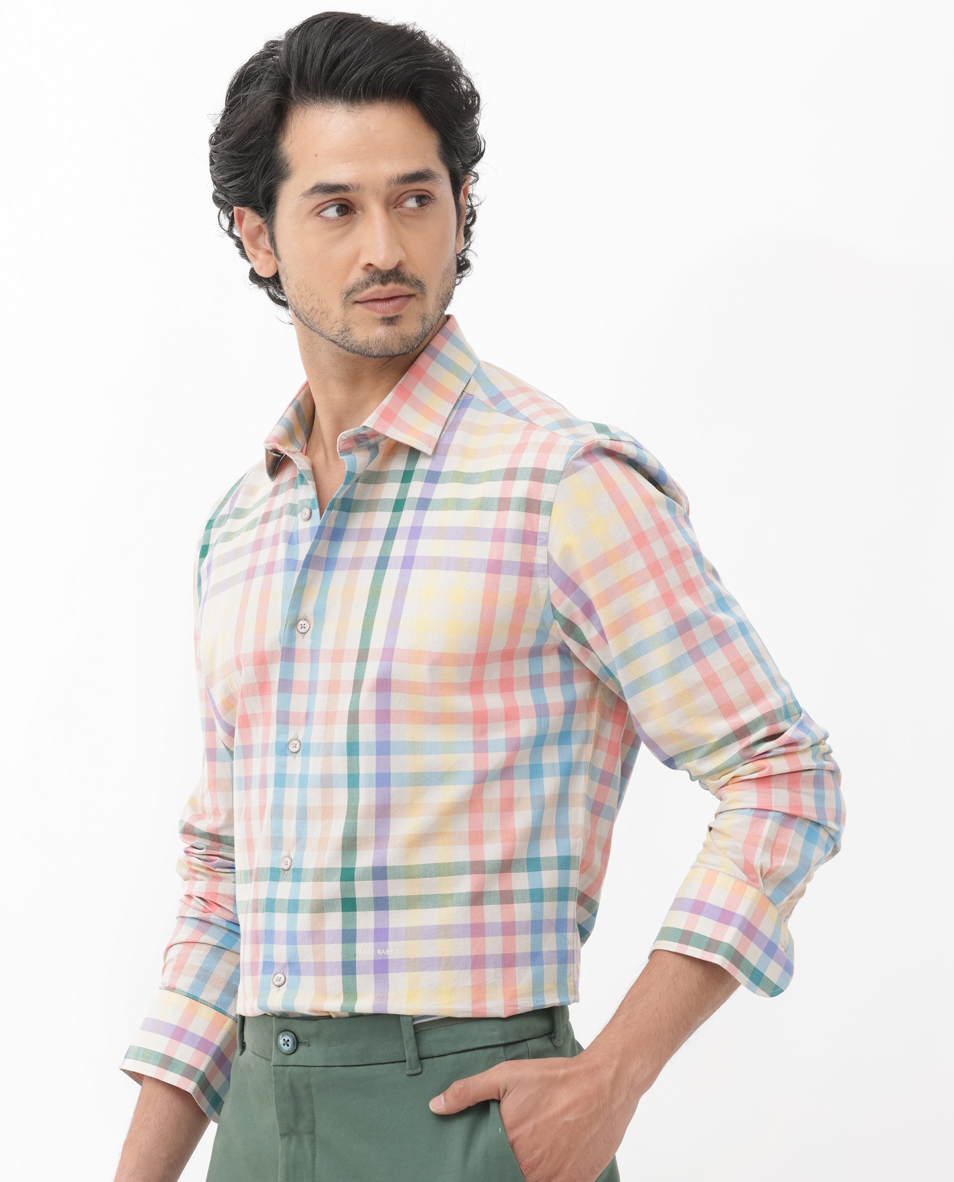 Rare Rabbit Mens Aubin Beige Cotton Fabric Full Sleeves Multicolored Checks Shirt