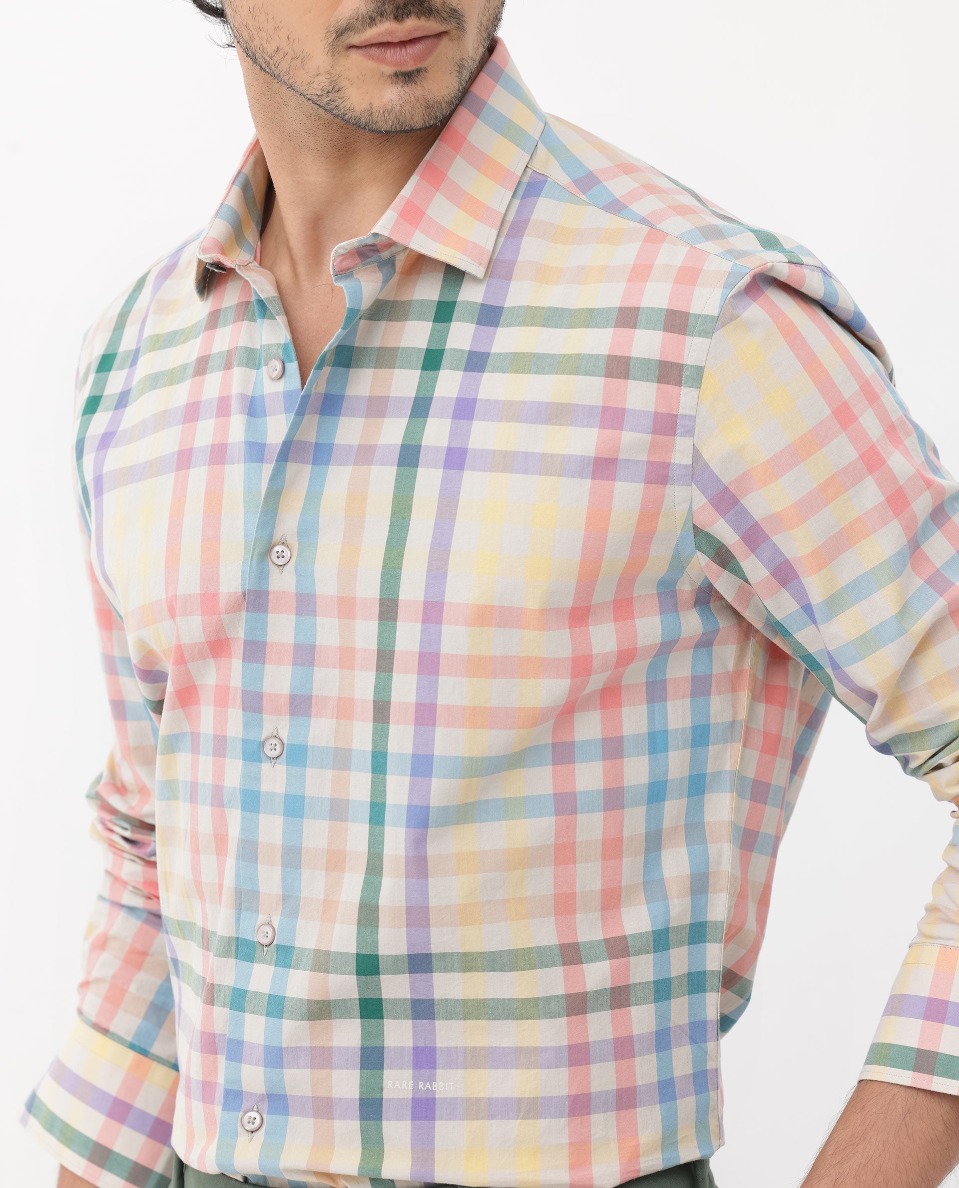 Rare Rabbit Mens Aubin Beige Cotton Fabric Full Sleeves Multicolored Checks Shirt
