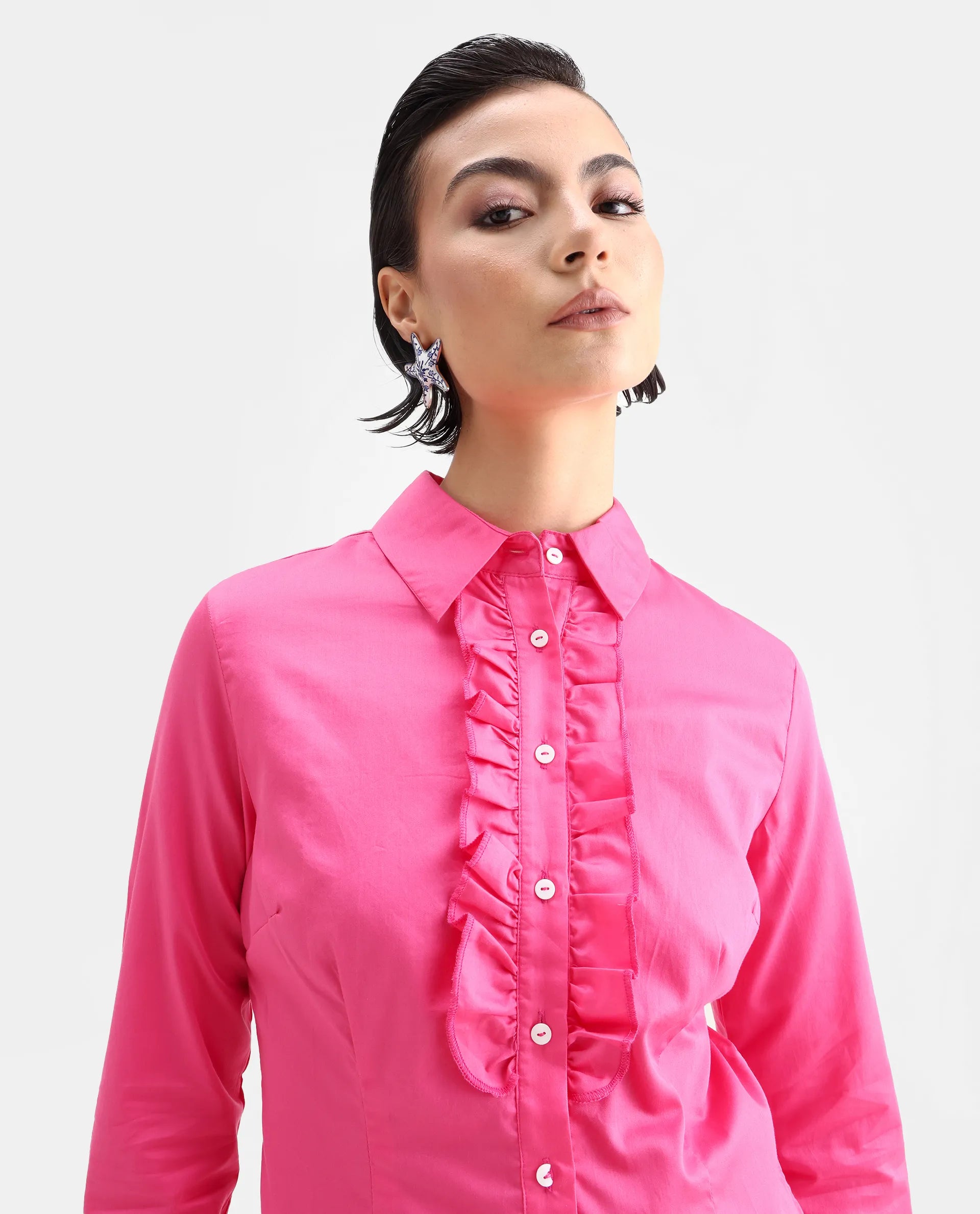 Rareism Women's Aubrey Pink Cotton Spread Collar Plain Regular Fit Top