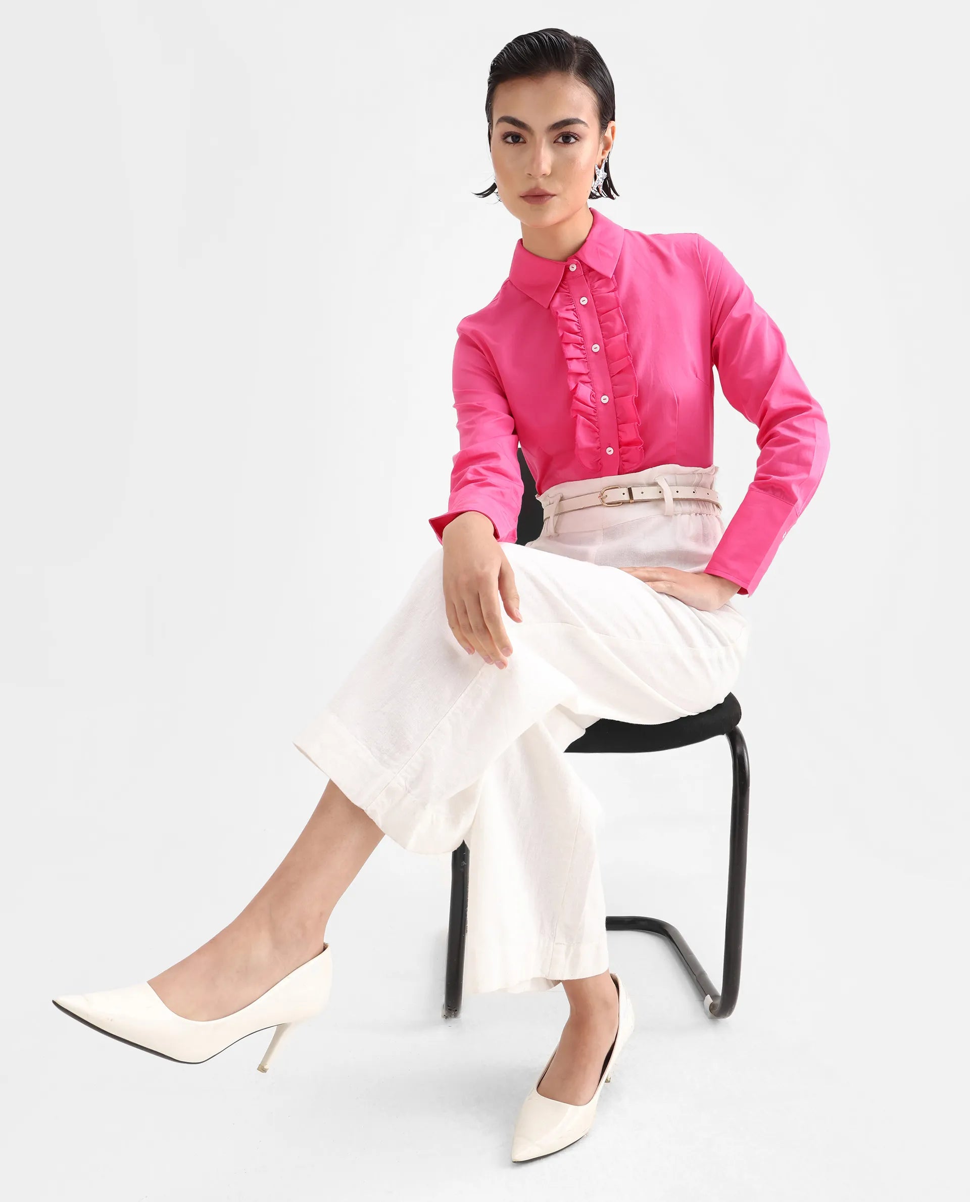 Rareism Women's Aubrey Pink Cotton Spread Collar Plain Regular Fit Top