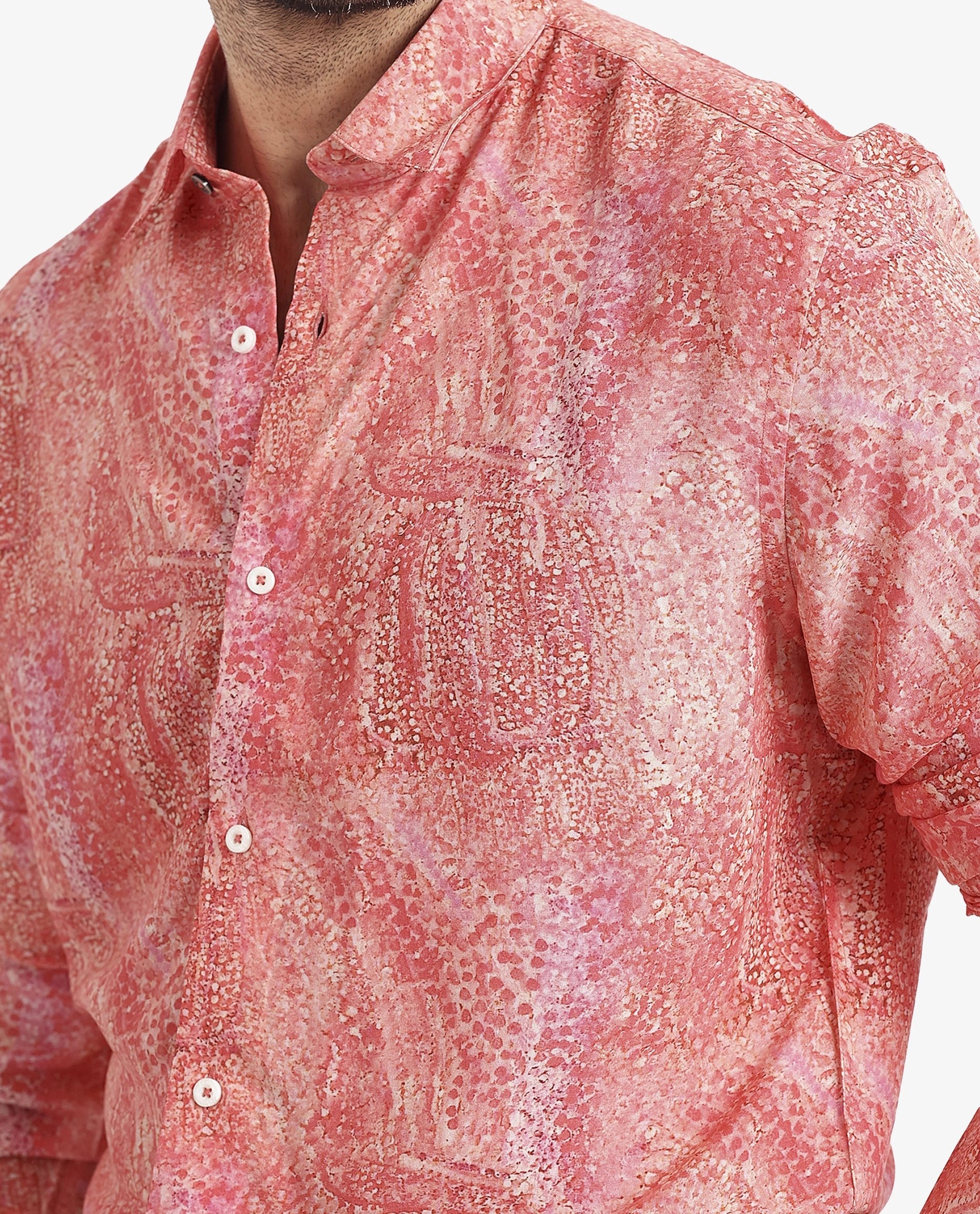 Rare Rabbit Mens Audie Pink Viscose Fabric Full Sleeves Regular Fit Brush Stroke Abstract Print Shirt