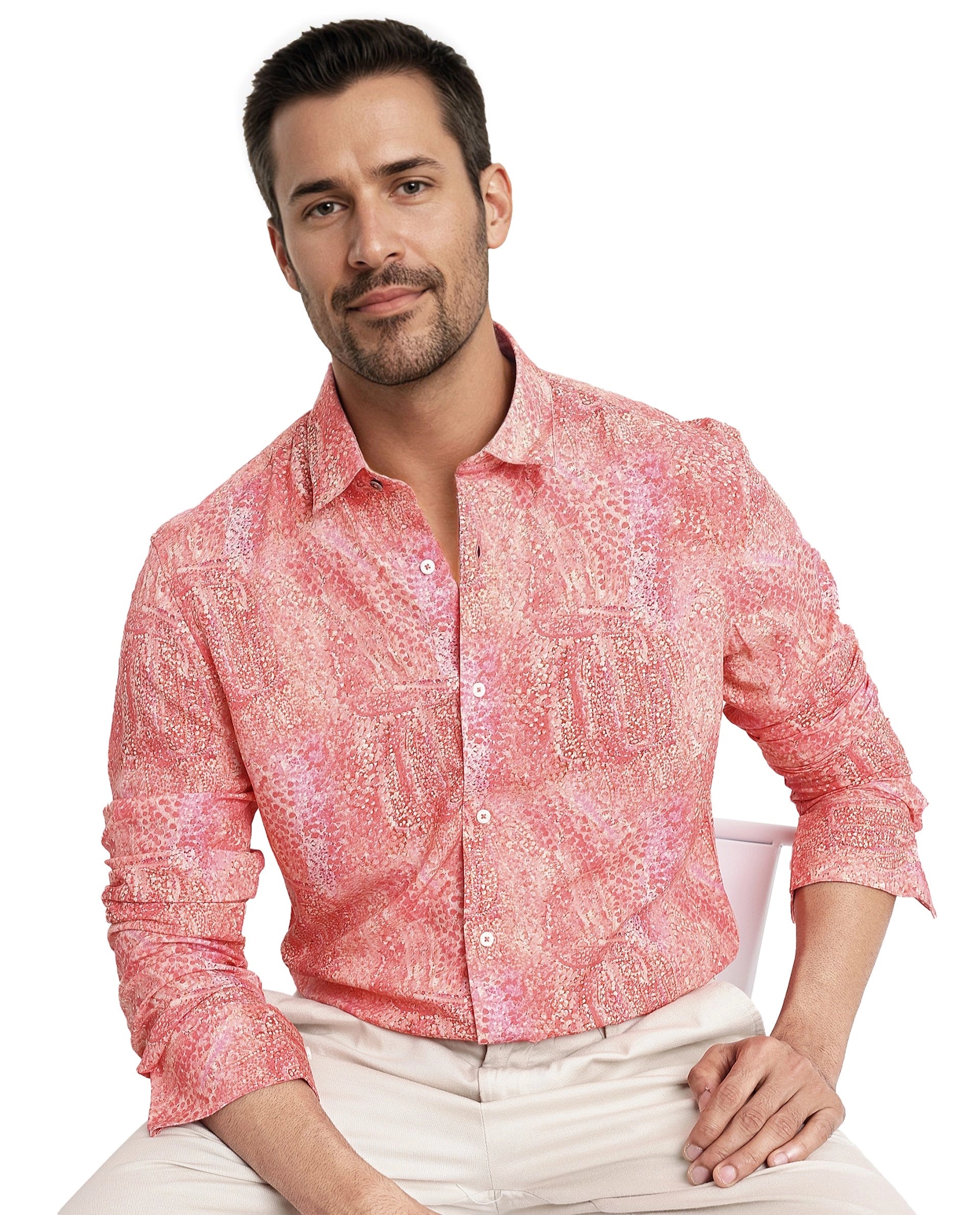 Rare Rabbit Mens Audie Pink Viscose Fabric Full Sleeves Regular Fit Brush Stroke Abstract Print Shirt