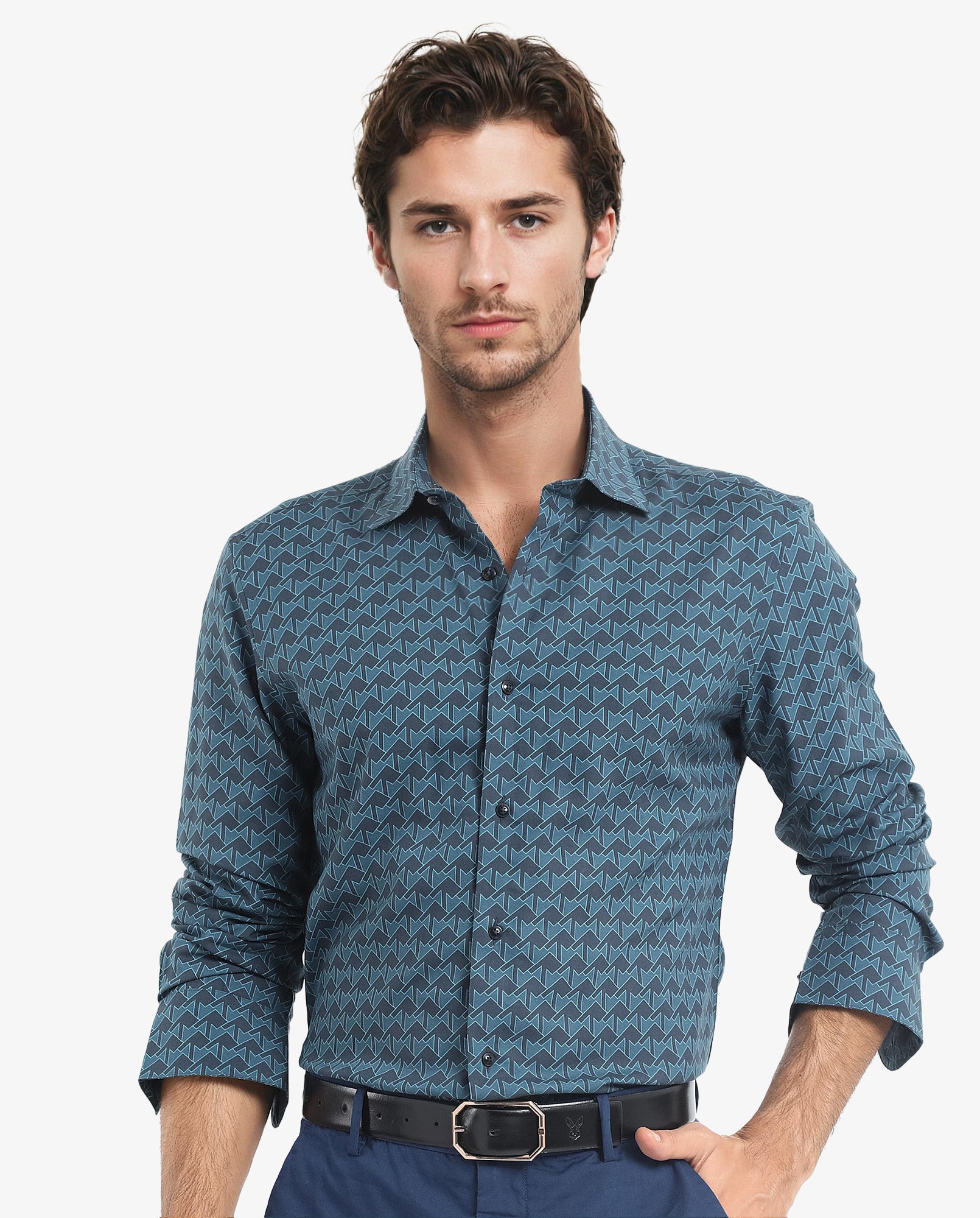 Rare Rabbit Men's Avior Teal Viscose Fabric Full Sleeve Collared Neck Monogram Print Shirt
