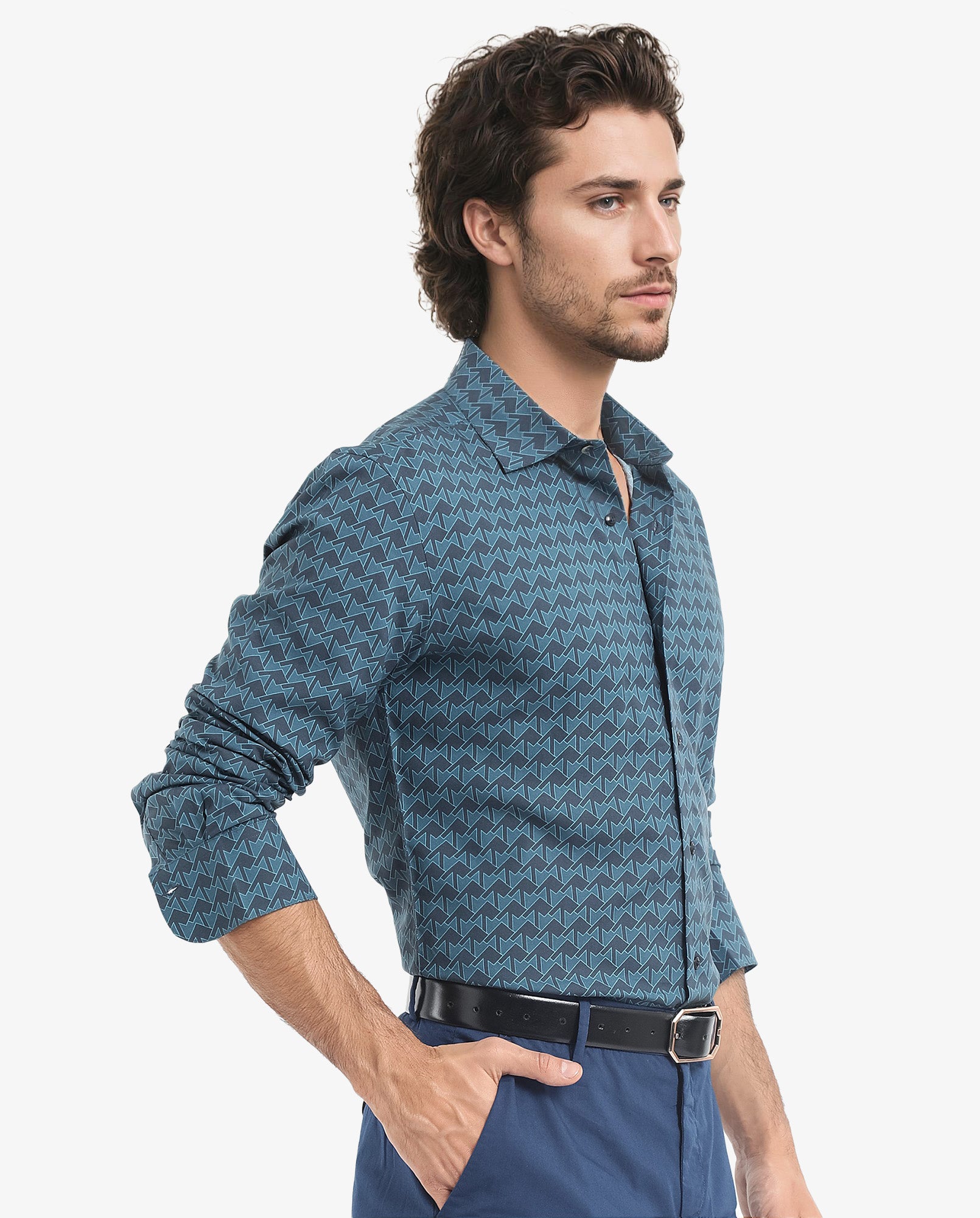 Rare Rabbit Men's Avior Teal Viscose Fabric Full Sleeve Collared Neck Monogram Print Shirt