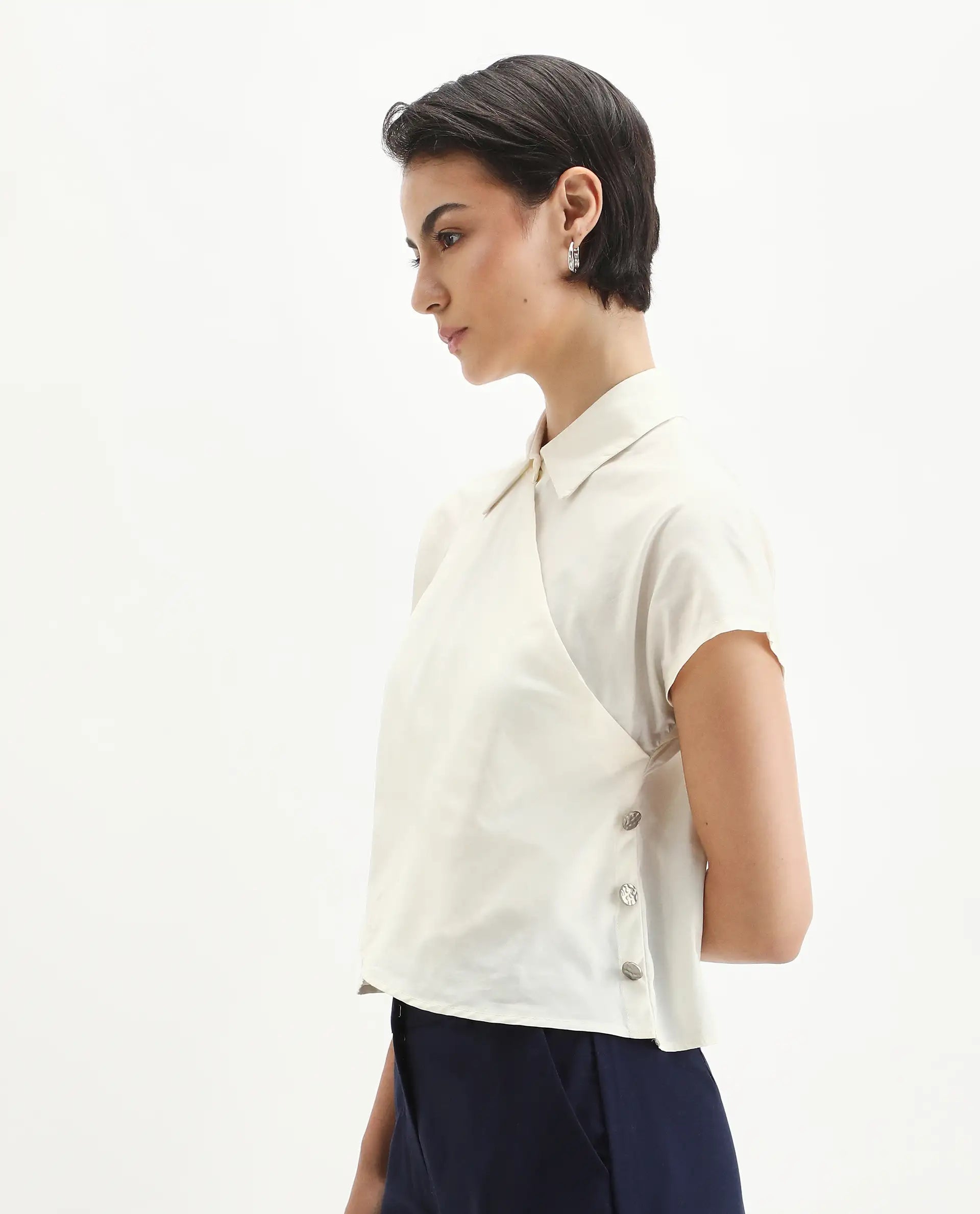 Rareism Women's Aurelia Off White Cotton Blend Drop Collar Plain Extended Sleeves Regular Fit Top