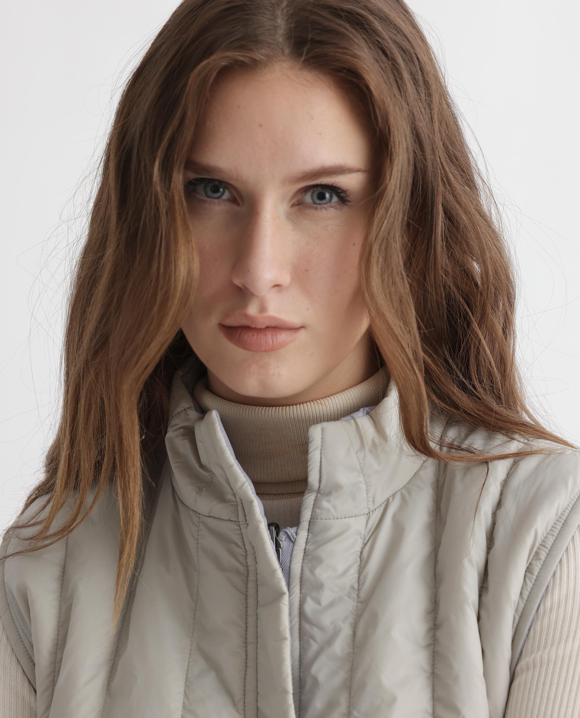 Rareism Women Aurora Beige Polyester Fabric Sleeveless Solid High Neck Jacket