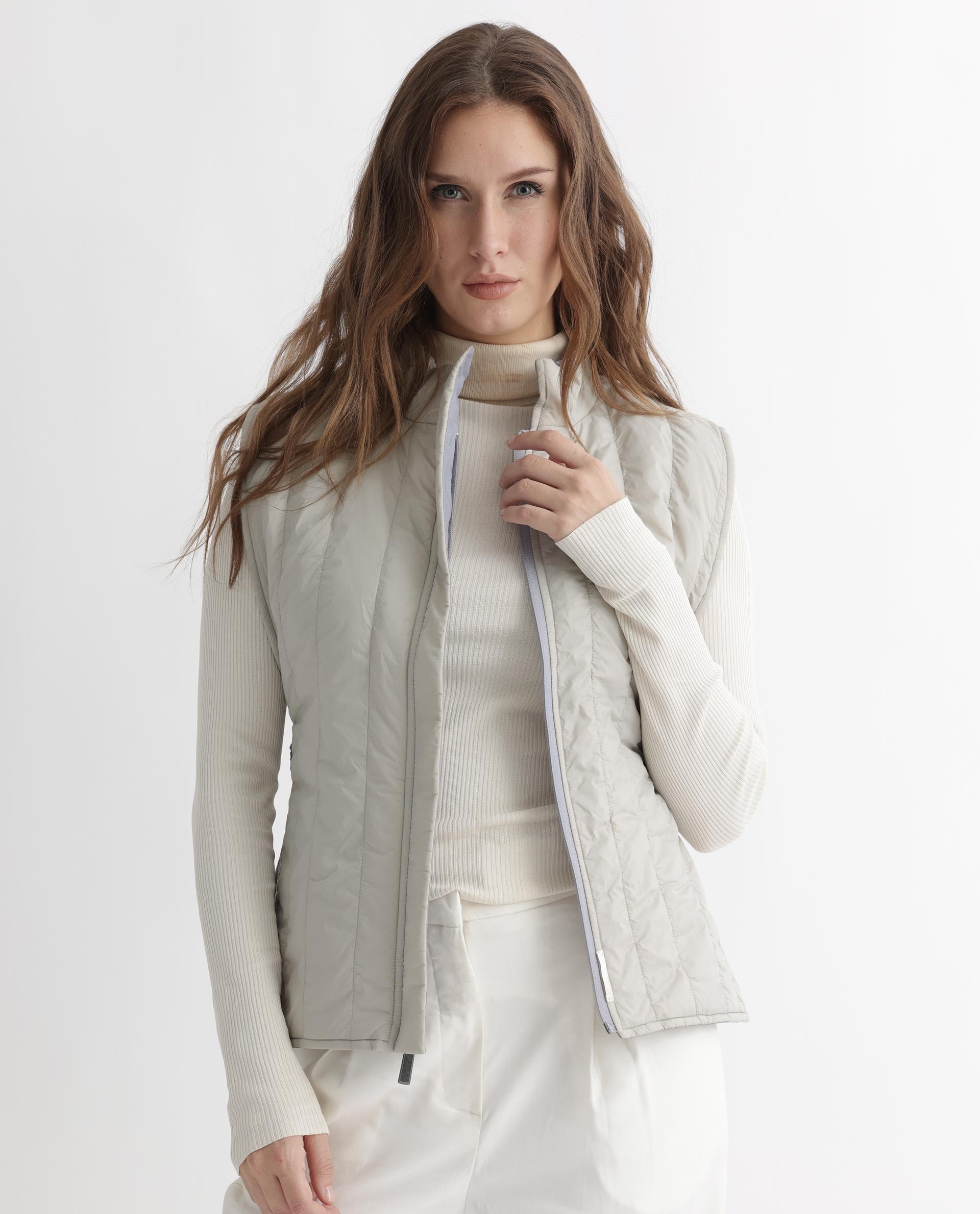 Rareism Women Aurora Beige Polyester Fabric Sleeveless Solid High Neck Jacket