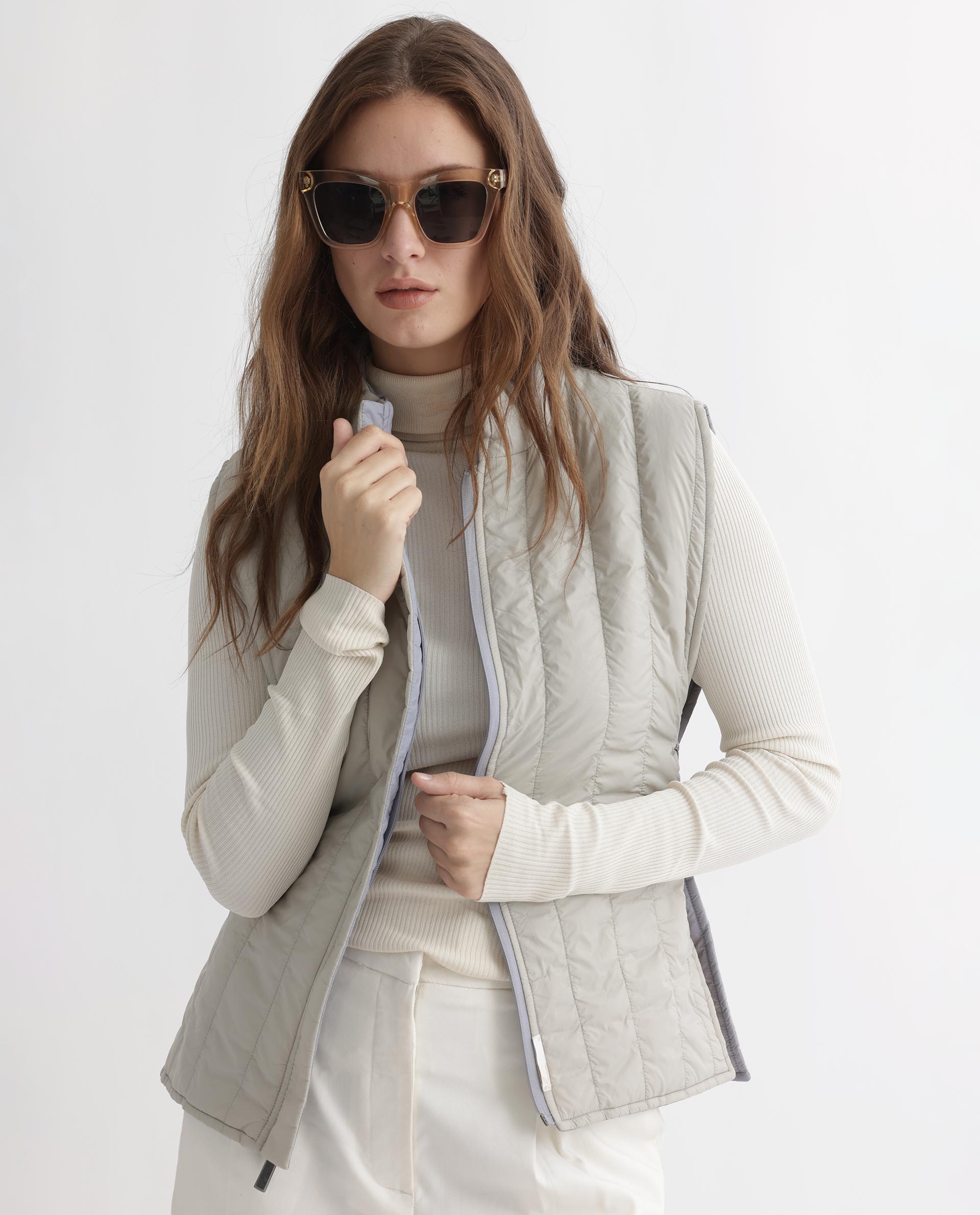 Rareism Women Aurora Beige Polyester Fabric Sleeveless Solid High Neck Jacket