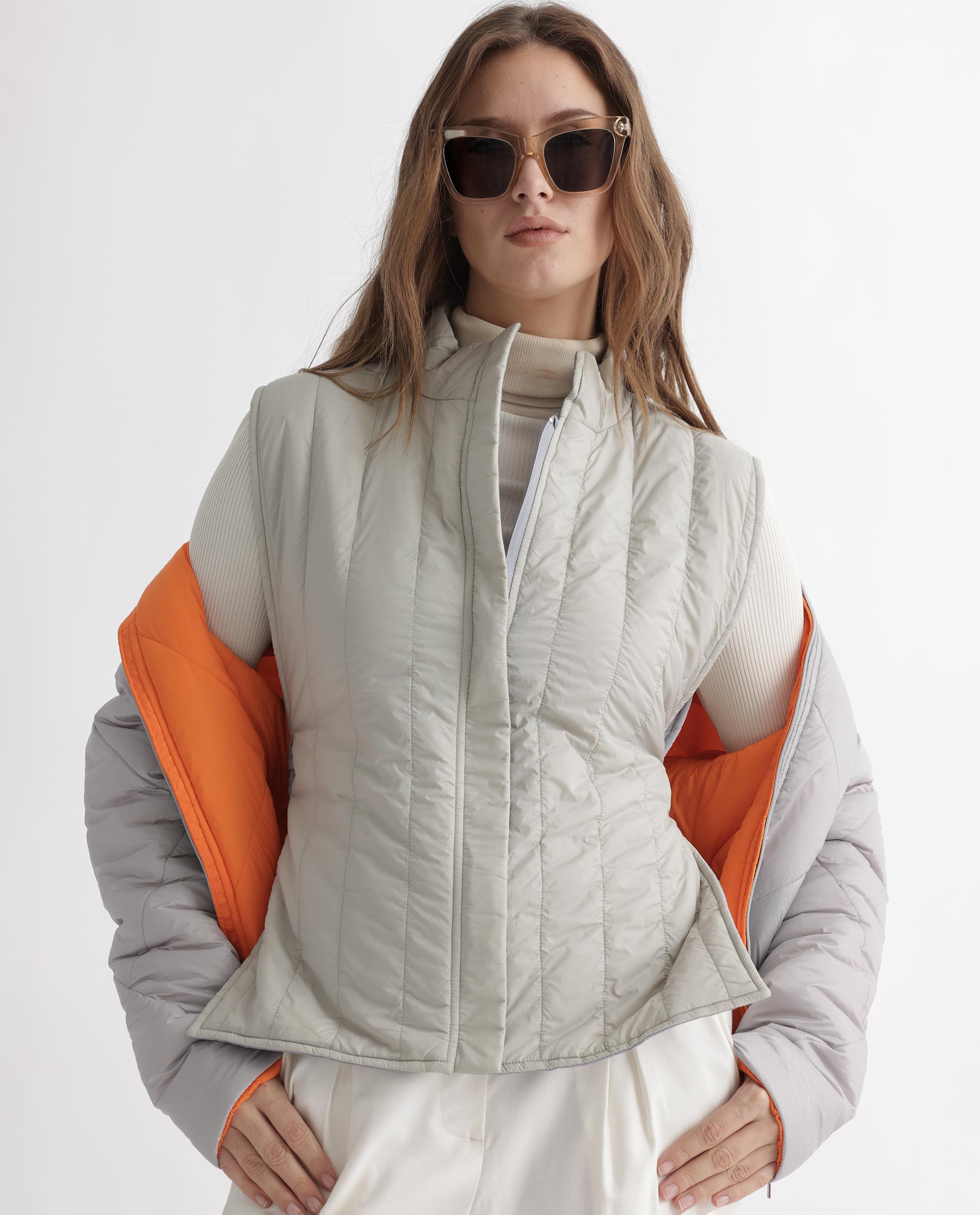 Rareism Women Aurora Beige Polyester Fabric Sleeveless Solid High Neck Jacket