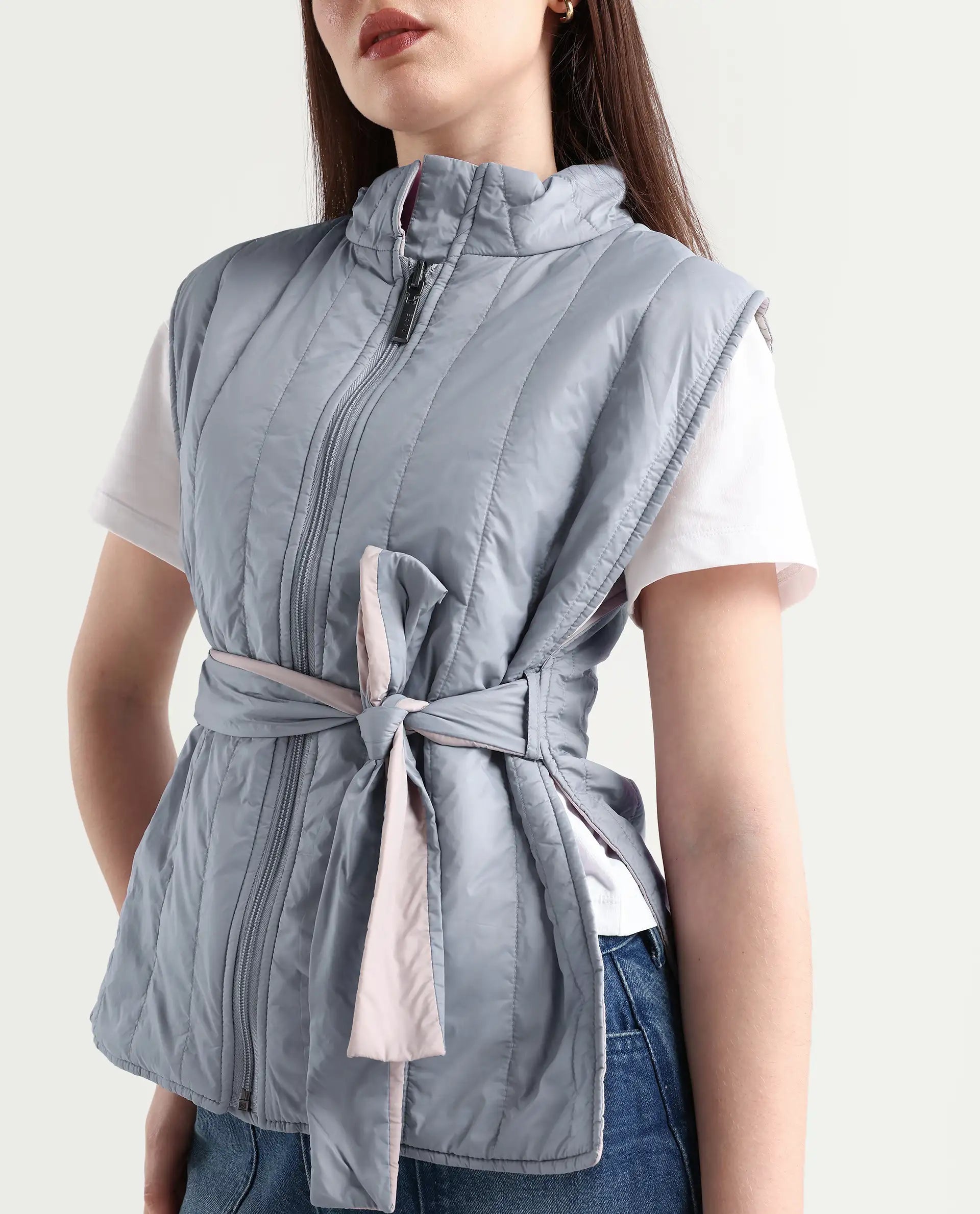 Rareism Women's Aurora Beige Polyester High Neck Plain Sleeveless Regular Fit Jacket