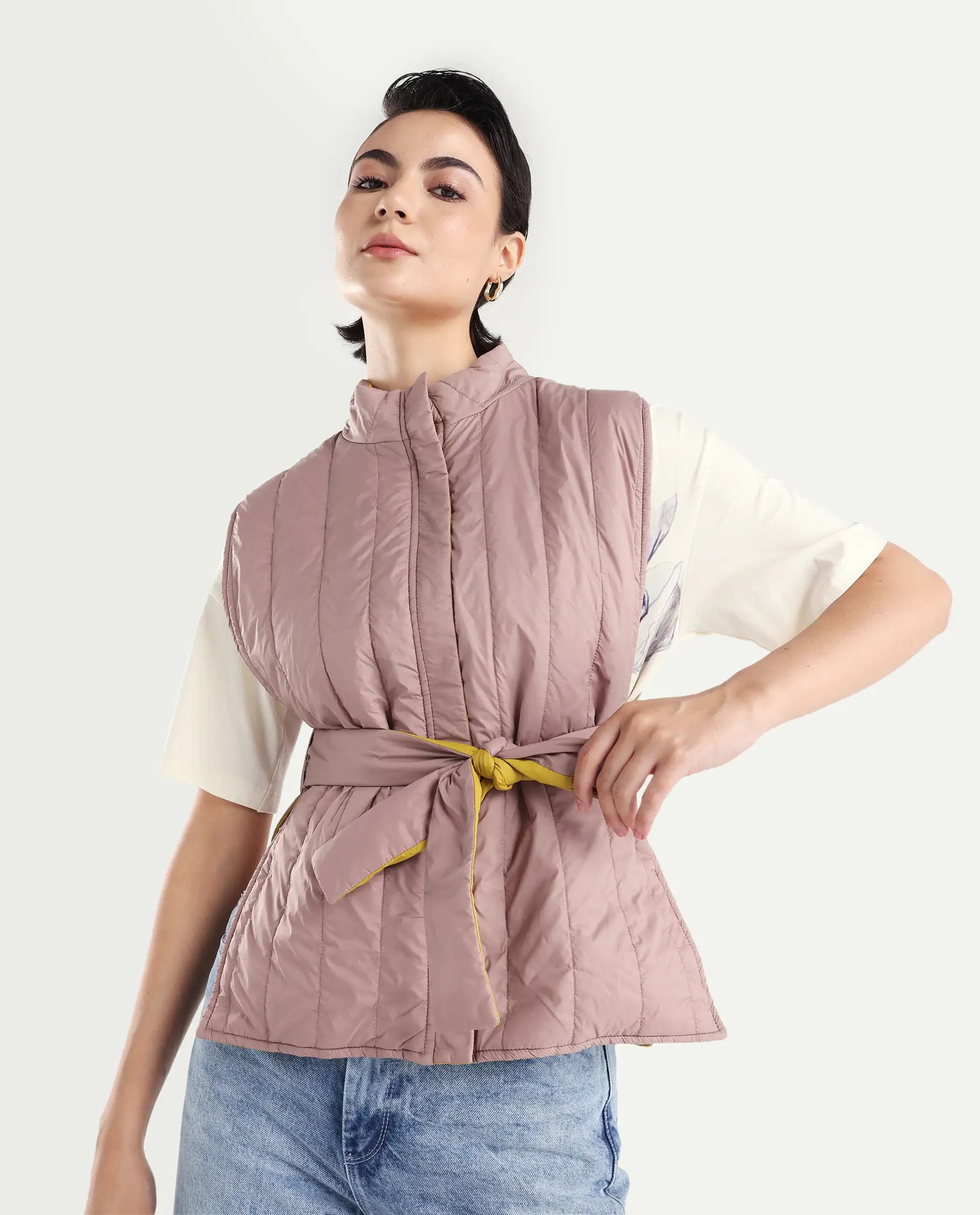 Rareism Women's Aurora Pink Polyester High Neck Plain Sleeveless Regular Fit Jacket