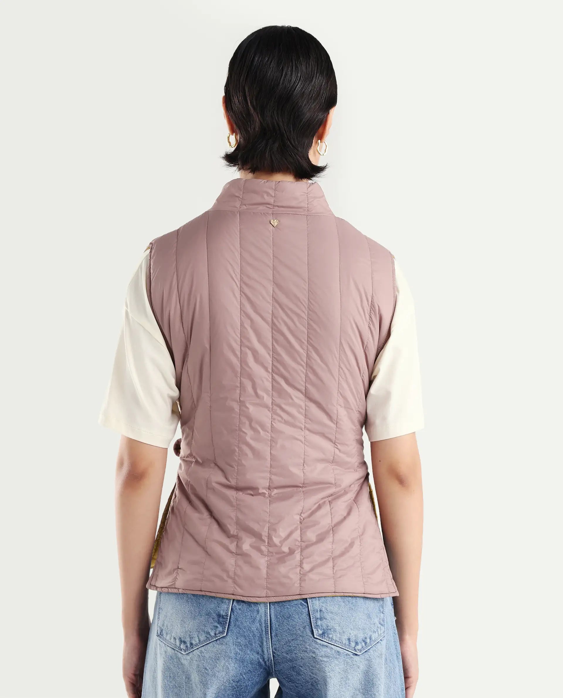 Rareism Women's Aurora Pink Polyester High Neck Plain Sleeveless Regular Fit Jacket