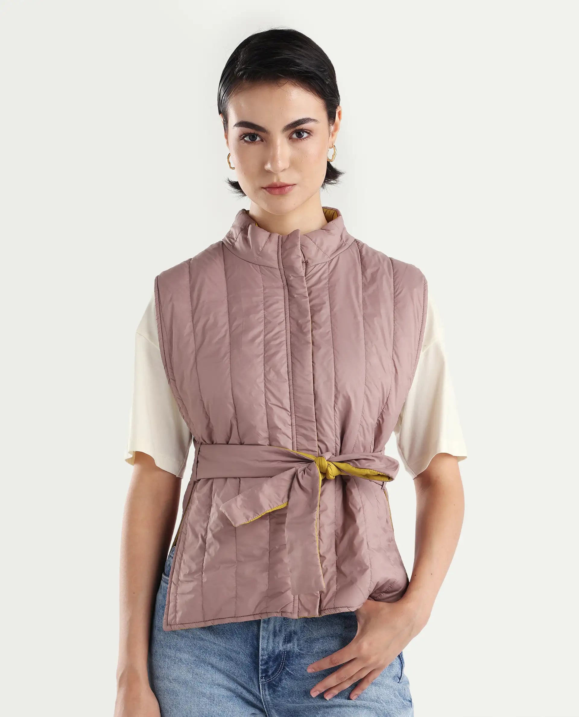 Rareism Women's Aurora Pink Polyester High Neck Plain Sleeveless Regular Fit Jacket