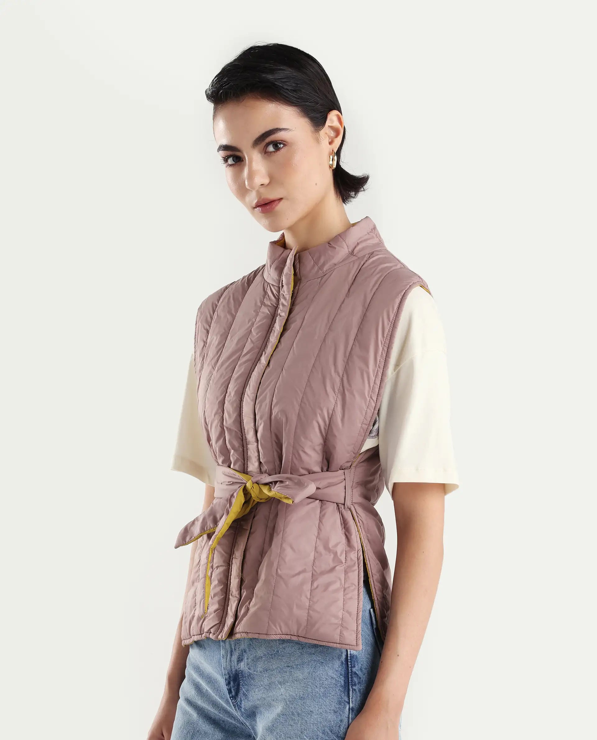 Rareism Women's Aurora Pink Polyester High Neck Plain Sleeveless Regular Fit Jacket