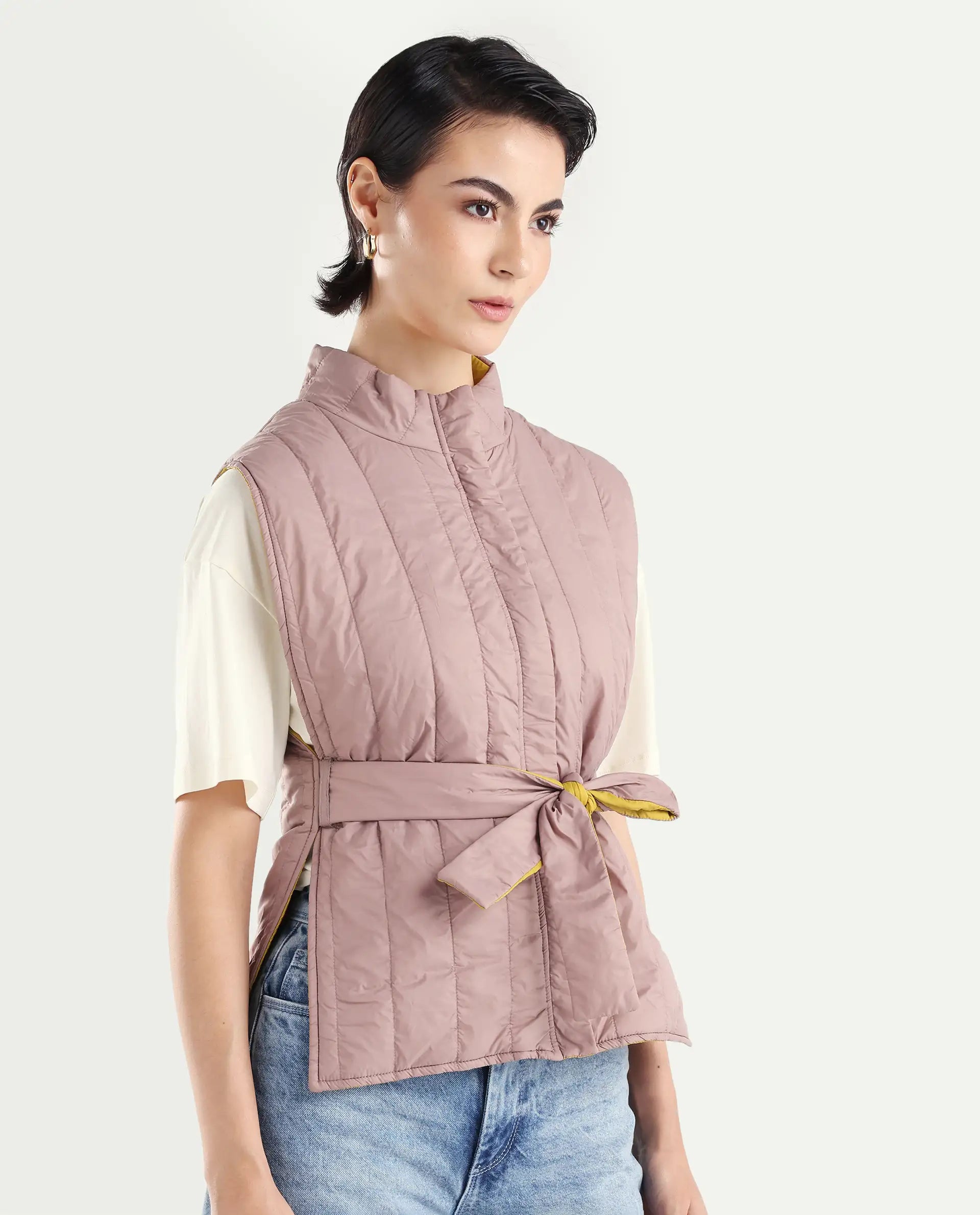 Rareism Women's Aurora Pink Polyester High Neck Plain Sleeveless Regular Fit Jacket