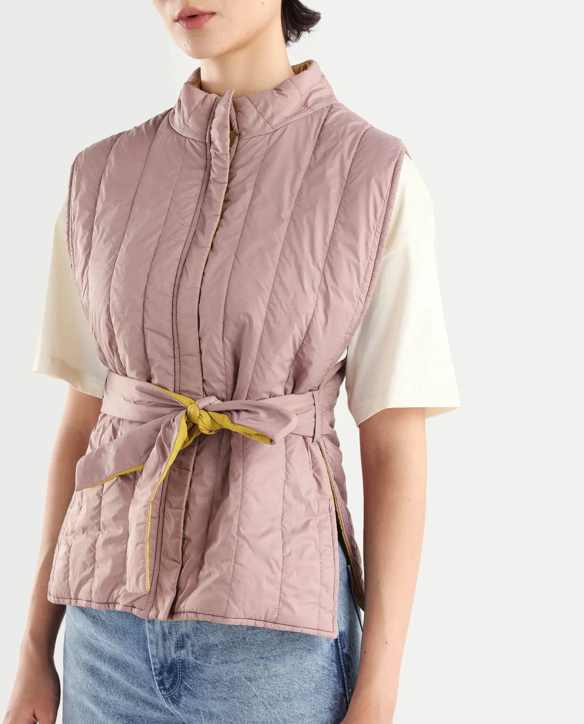 Rareism Women's Aurora Pink Polyester High Neck Plain Sleeveless Regular Fit Jacket