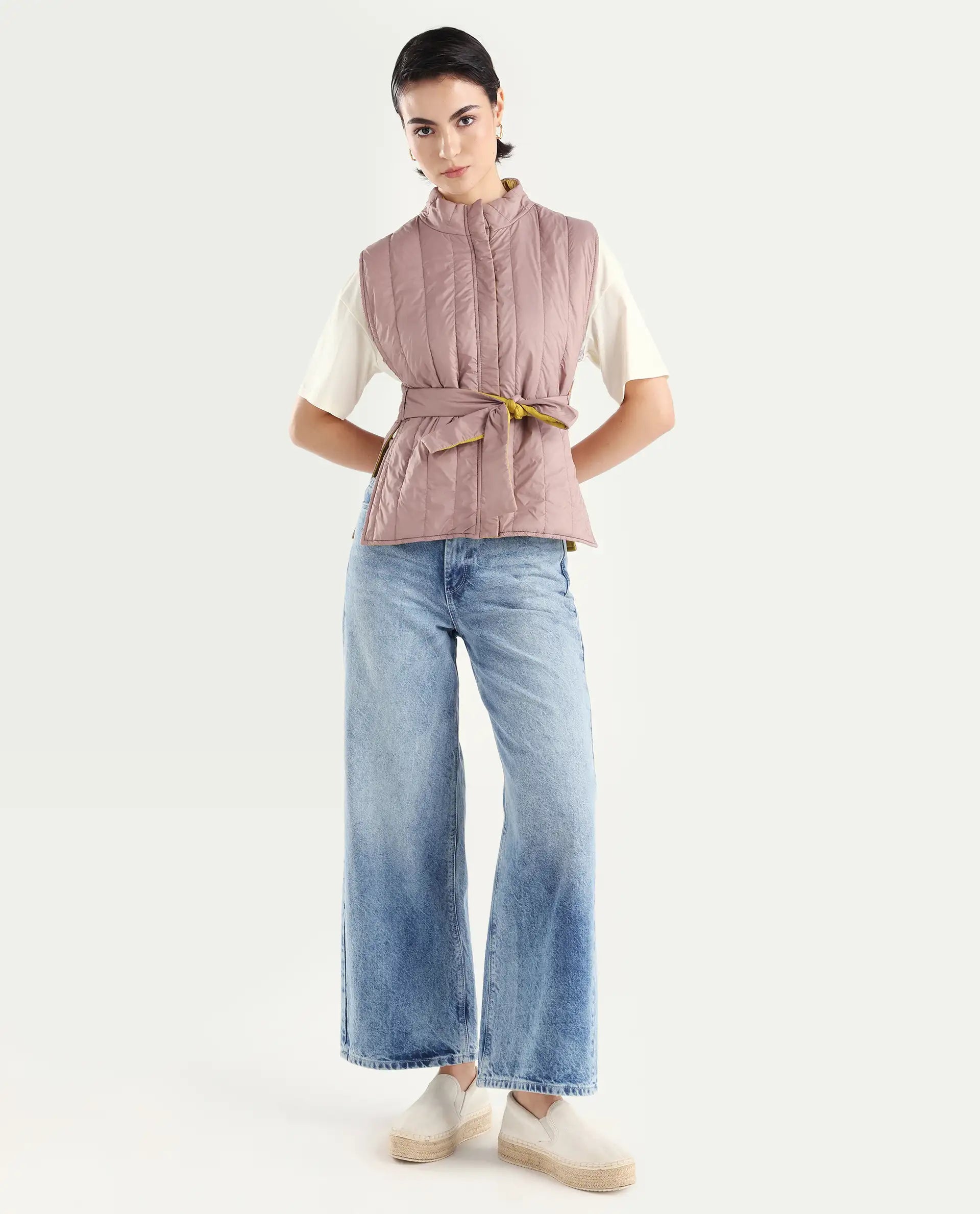 Rareism Women's Aurora Pink Polyester High Neck Plain Sleeveless Regular Fit Jacket