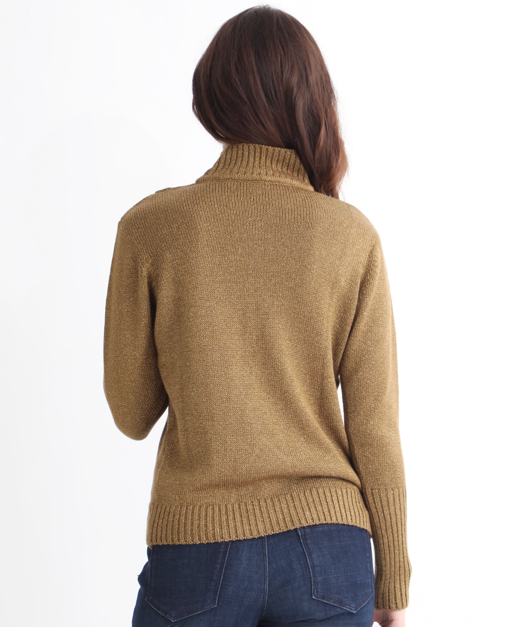 Rareism Women Austern Gold Acrylic Fabric Full Sleeves Knee Length Regular Fit Solid Turtle Neck Sweater