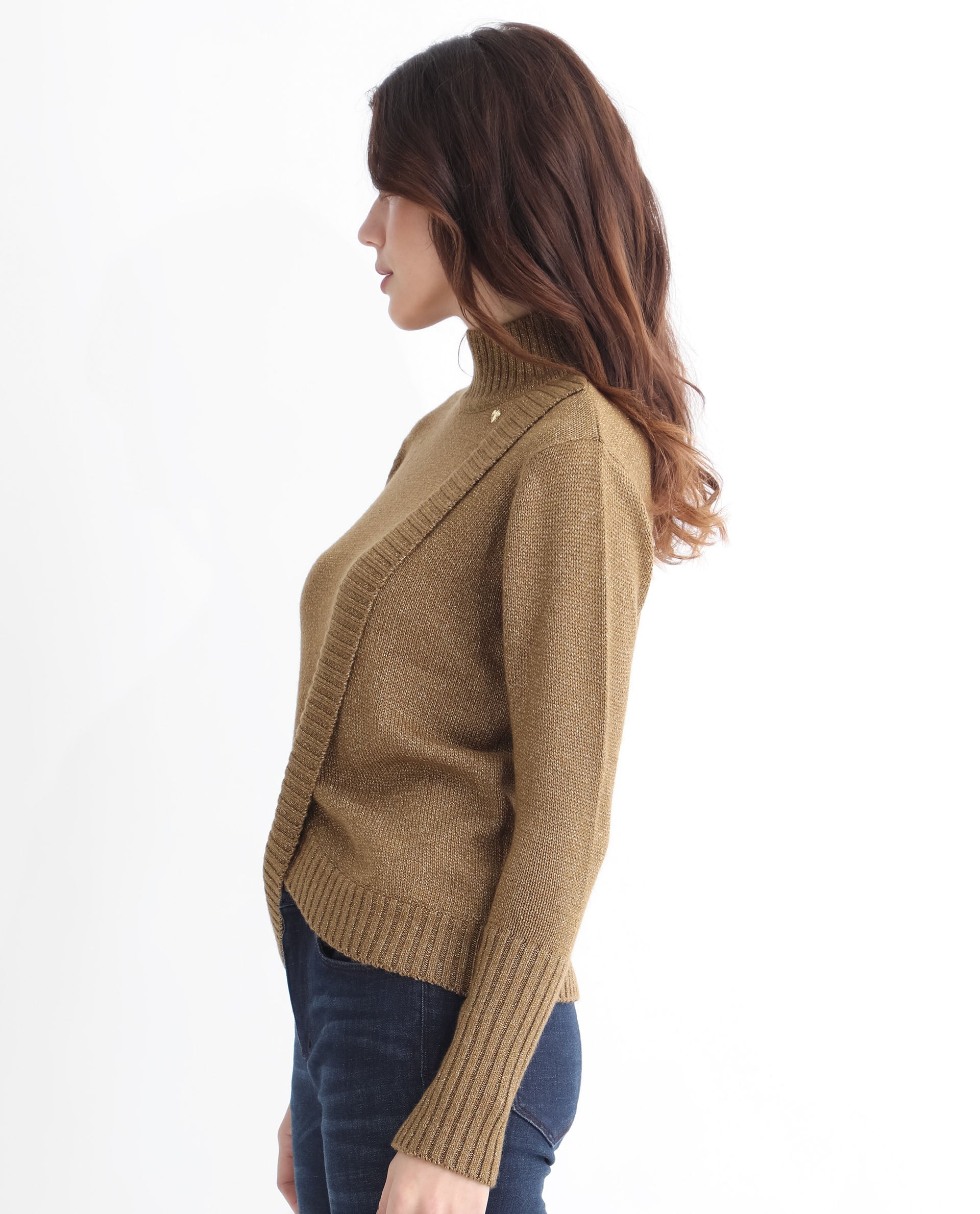 Rareism Women Austern Gold Acrylic Fabric Full Sleeves Knee Length Regular Fit Solid Turtle Neck Sweater