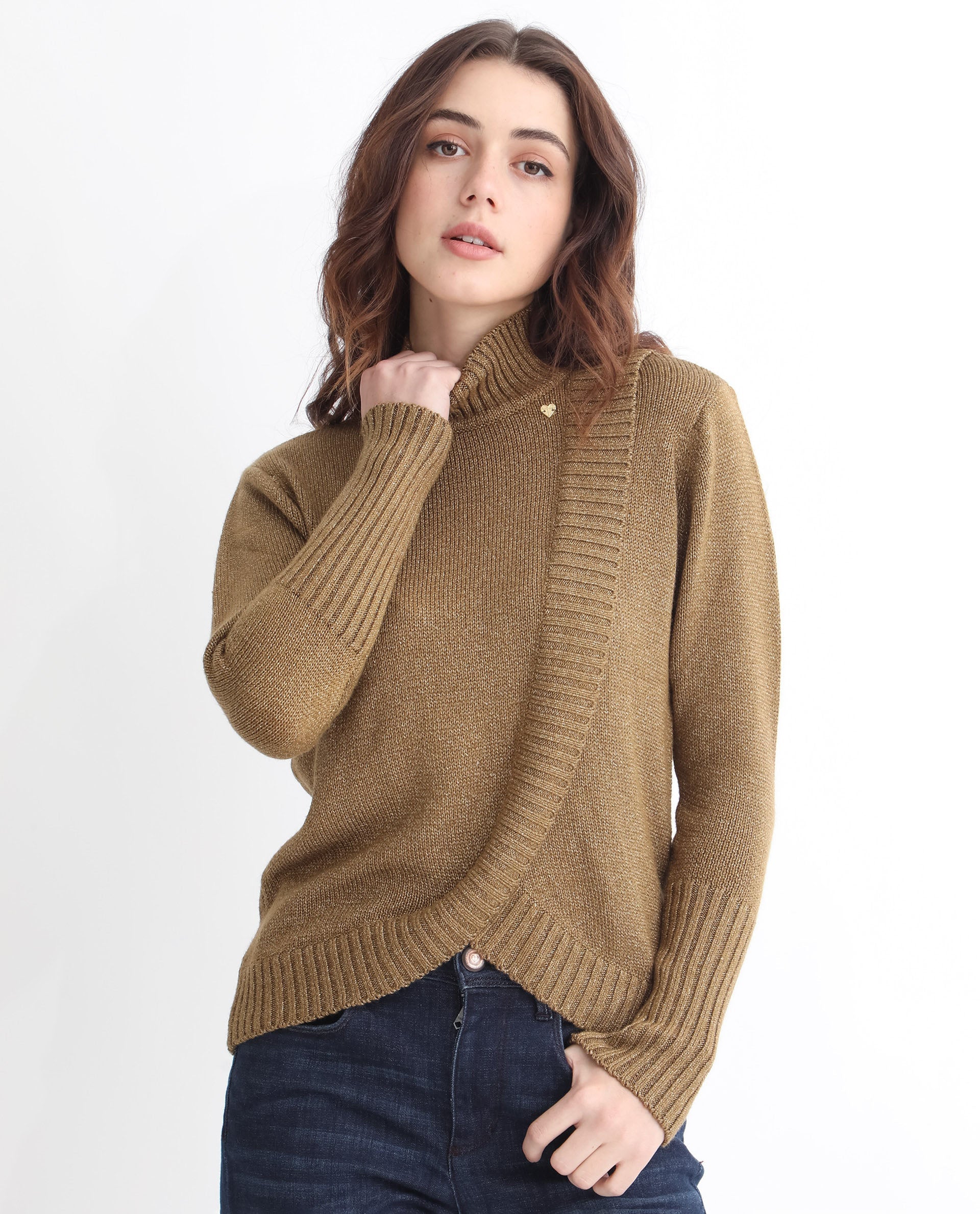 Rareism Women Austern Gold Acrylic Fabric Full Sleeves Knee Length Regular Fit Solid Turtle Neck Sweater