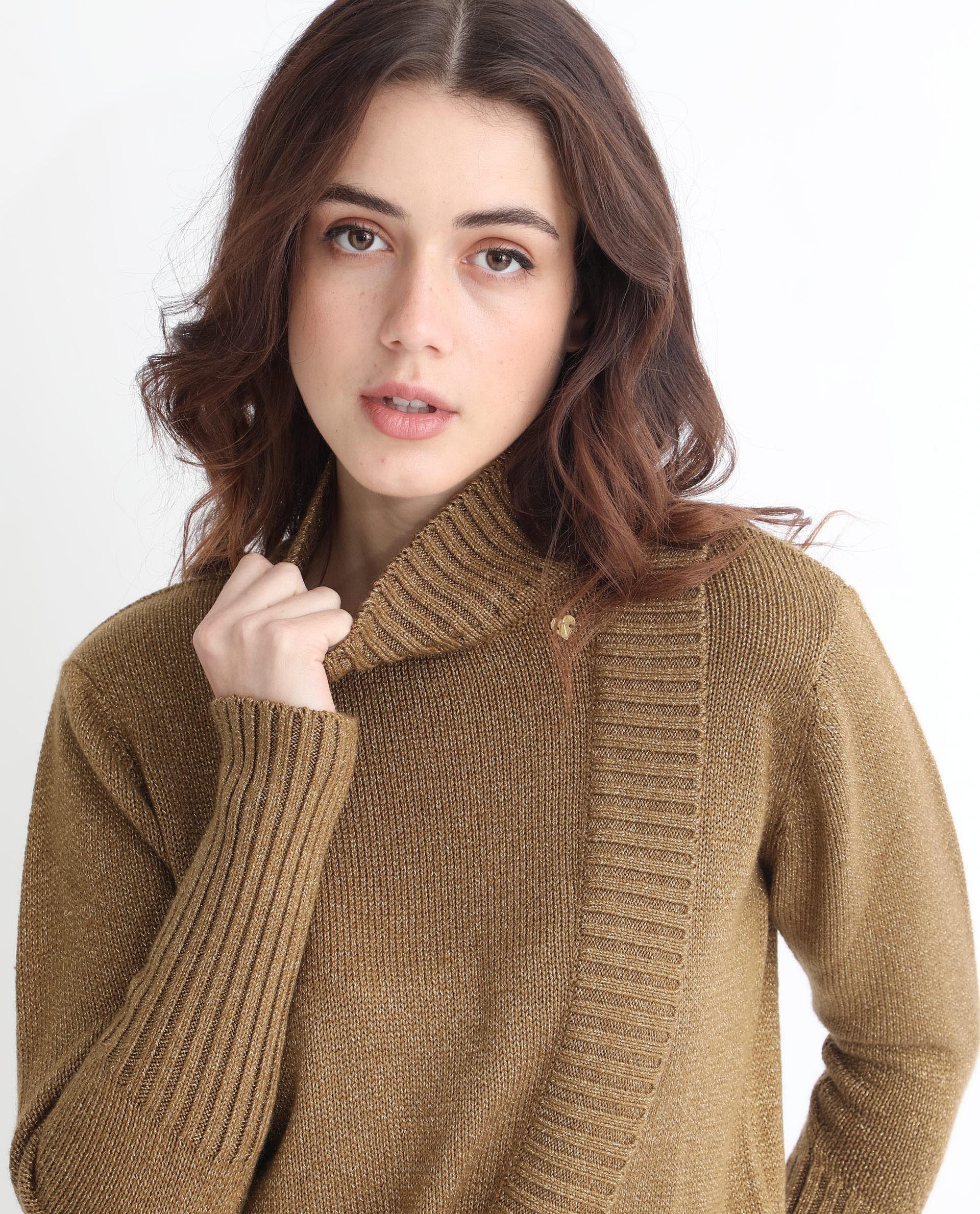 Rareism Women Austern Gold Acrylic Fabric Full Sleeves Knee Length Regular Fit Solid Turtle Neck Sweater