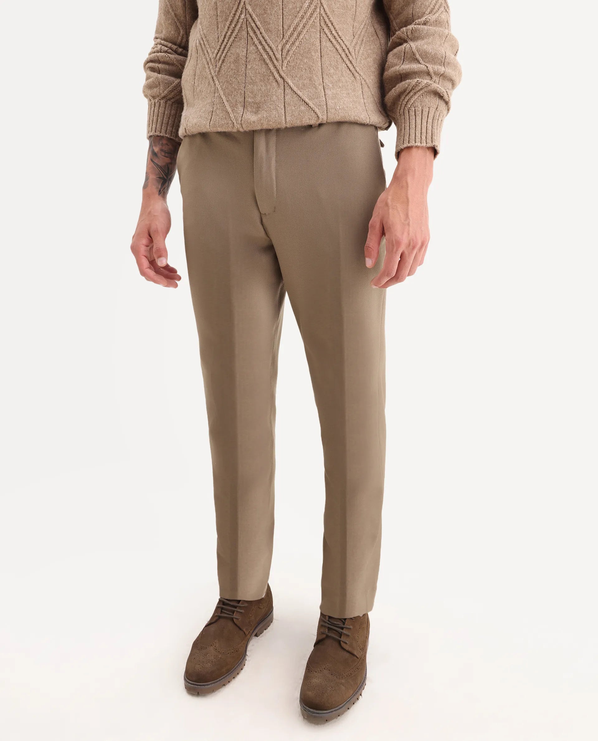Rare Rabbit Men's Austin Beige Cotton Plain Relaxed Fit Trouser
