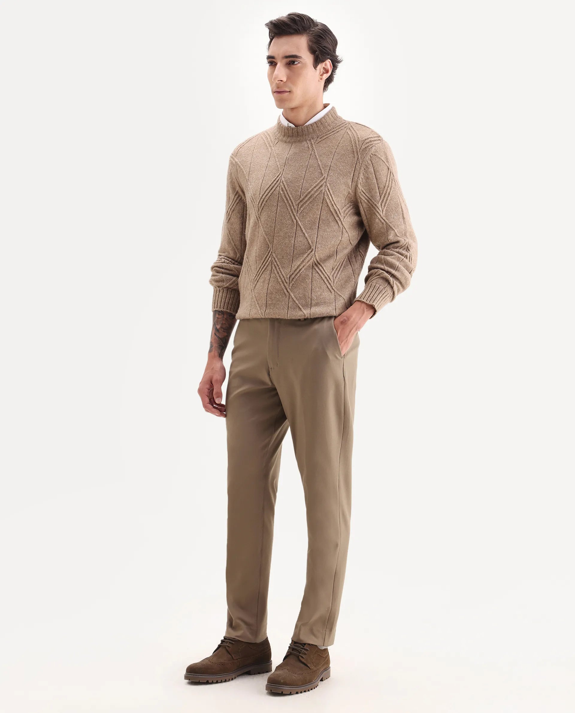 Rare Rabbit Men's Austin Beige Cotton Plain Relaxed Fit Trouser