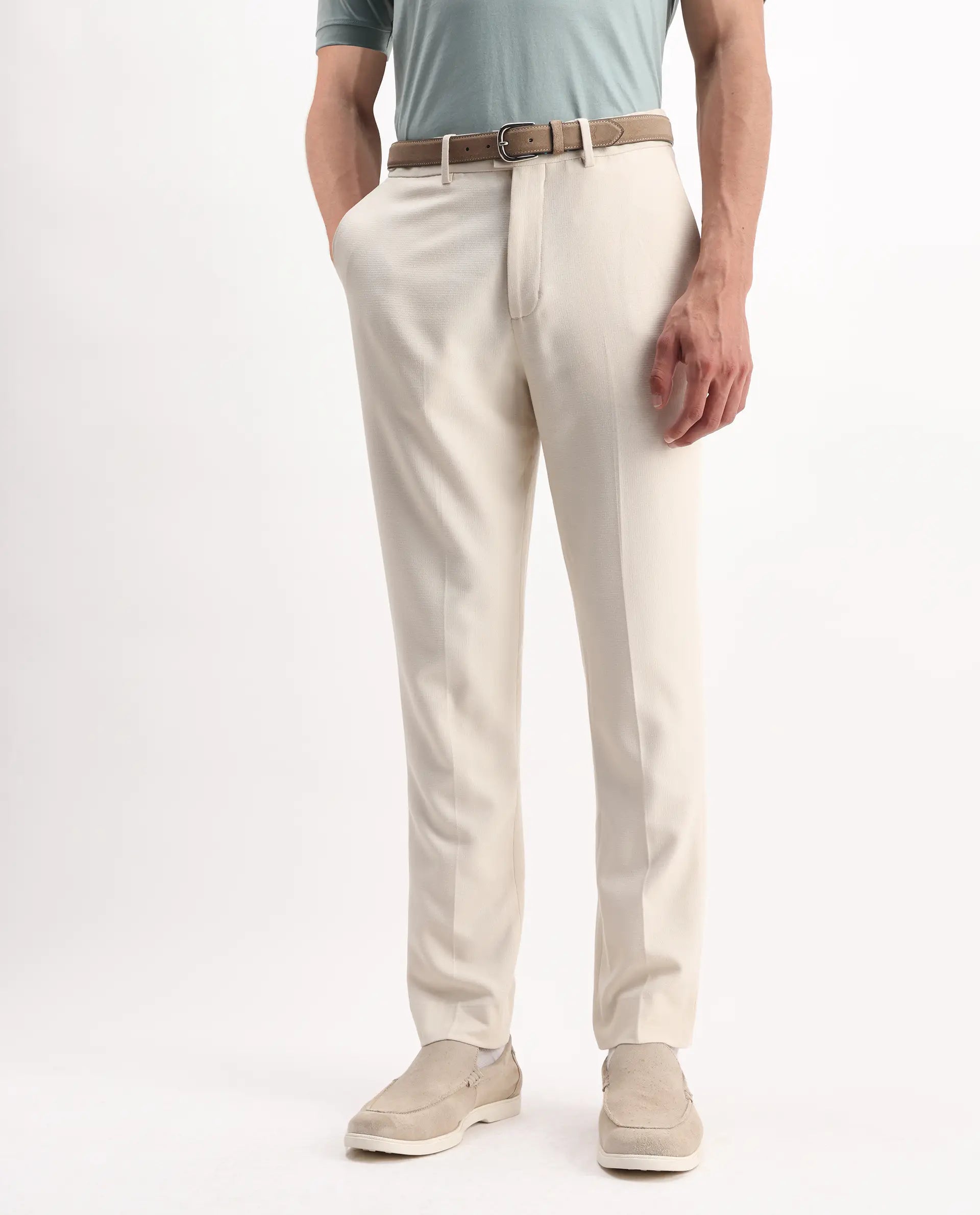 Rare Rabbit Men's Austi-Aw25 Off White Polyester Plain Regular Fit Trouser