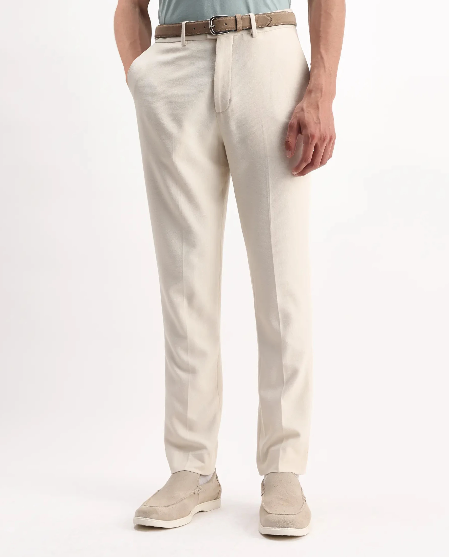 Rare Rabbit Men's Austi-Aw25 Off White Polyester Plain Regular Fit Trouser