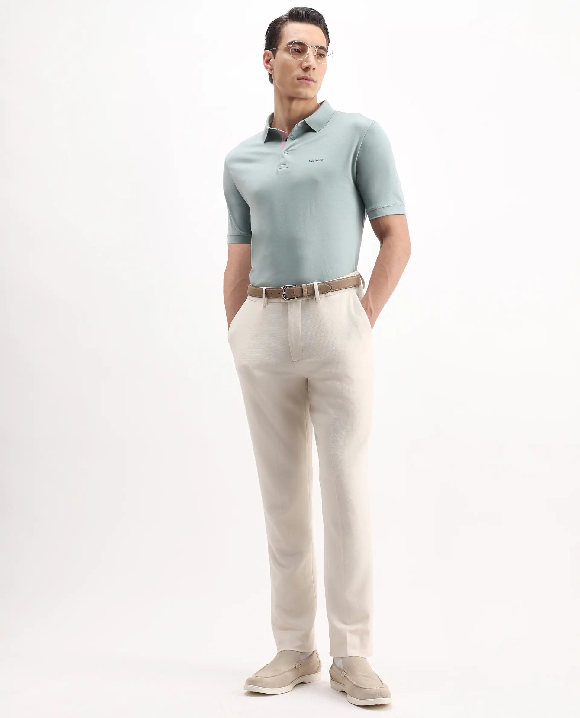 Rare Rabbit Men's Austi-Aw25 Off White Polyester Plain Regular Fit Trouser