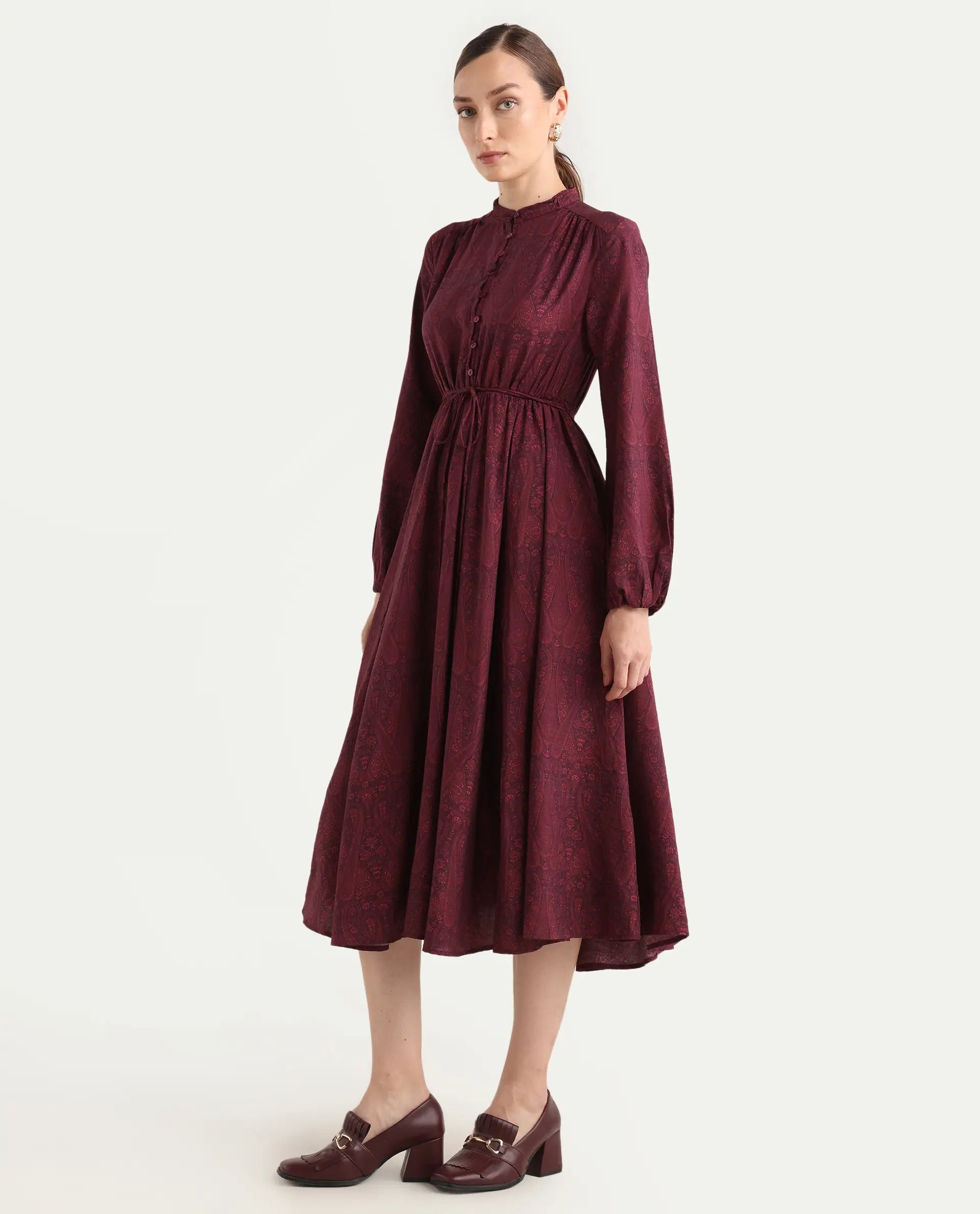 Rareism Women's Austo Maroon Viscose Blend Mandarin Collar Fit And Flare Paisley Print Dress