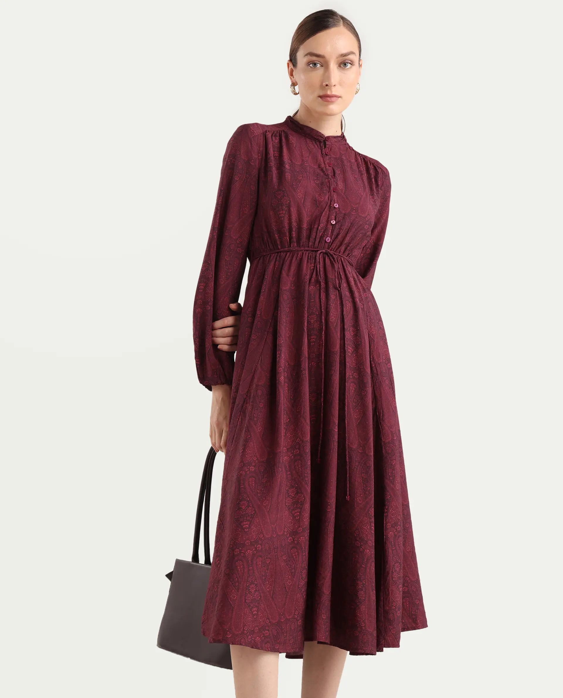 Rareism Women's Austo Maroon Viscose Blend Mandarin Collar Fit And Flare Paisley Print Dress