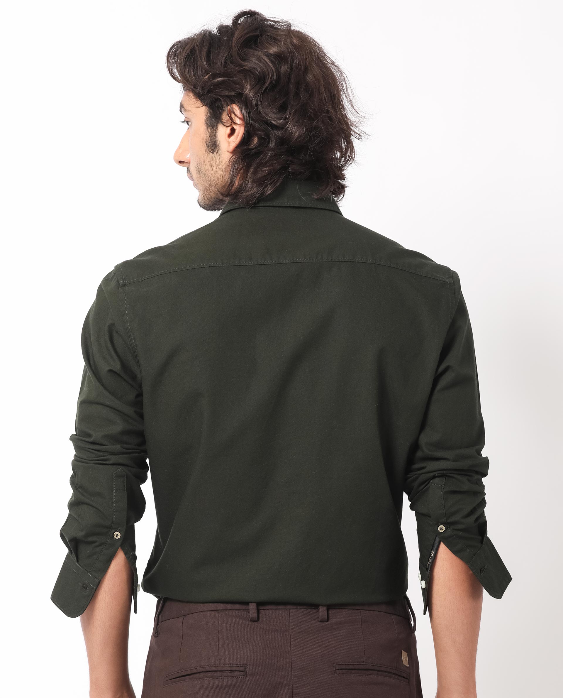 Rare Rabbit Men's Auxfo Dark Green Cotton Fabric Full Sleeves Solid Shirt