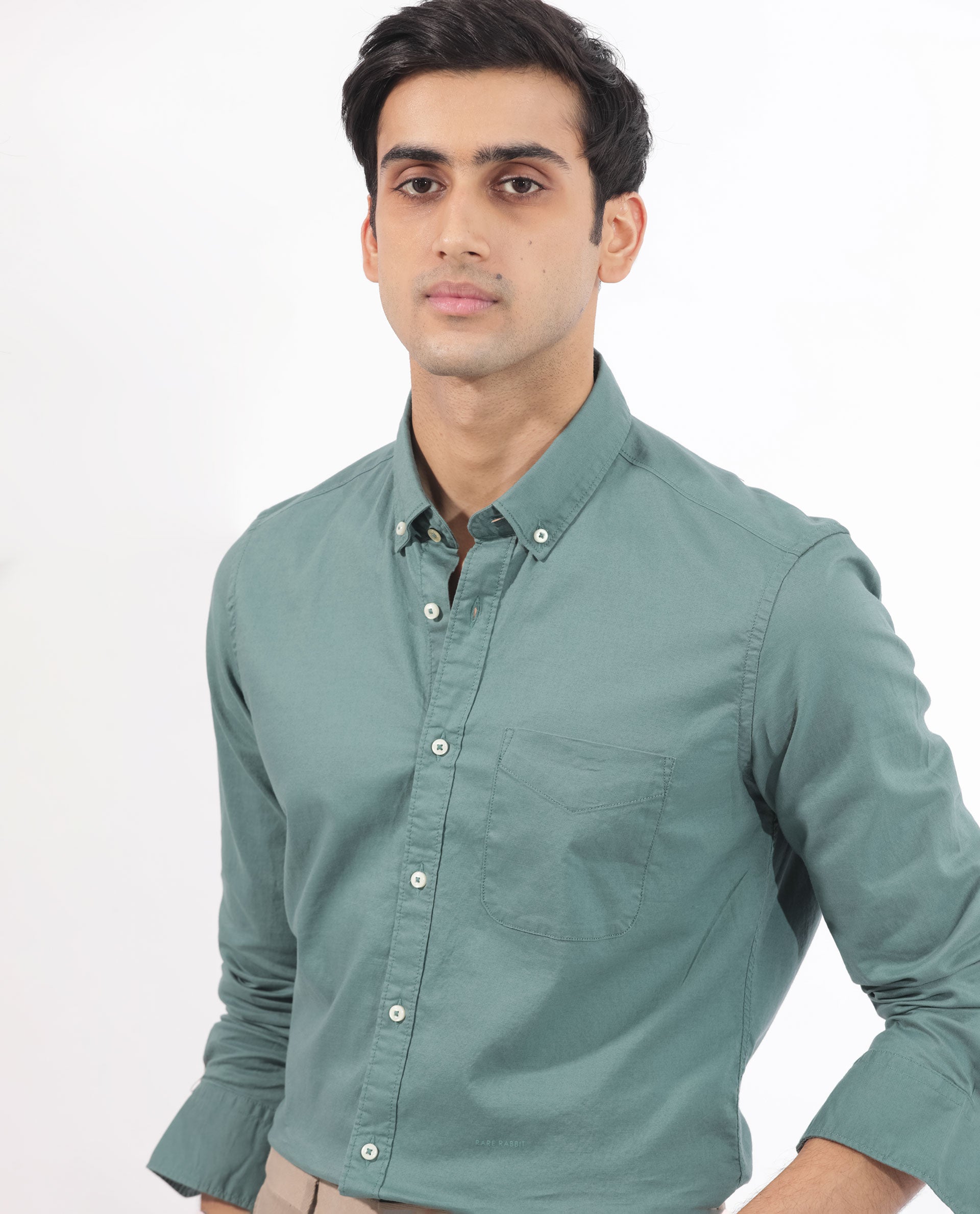 Rare Rabbit Men's Auxfo Light Petrol Cotton Fabric Full Sleeves Solid Shirt