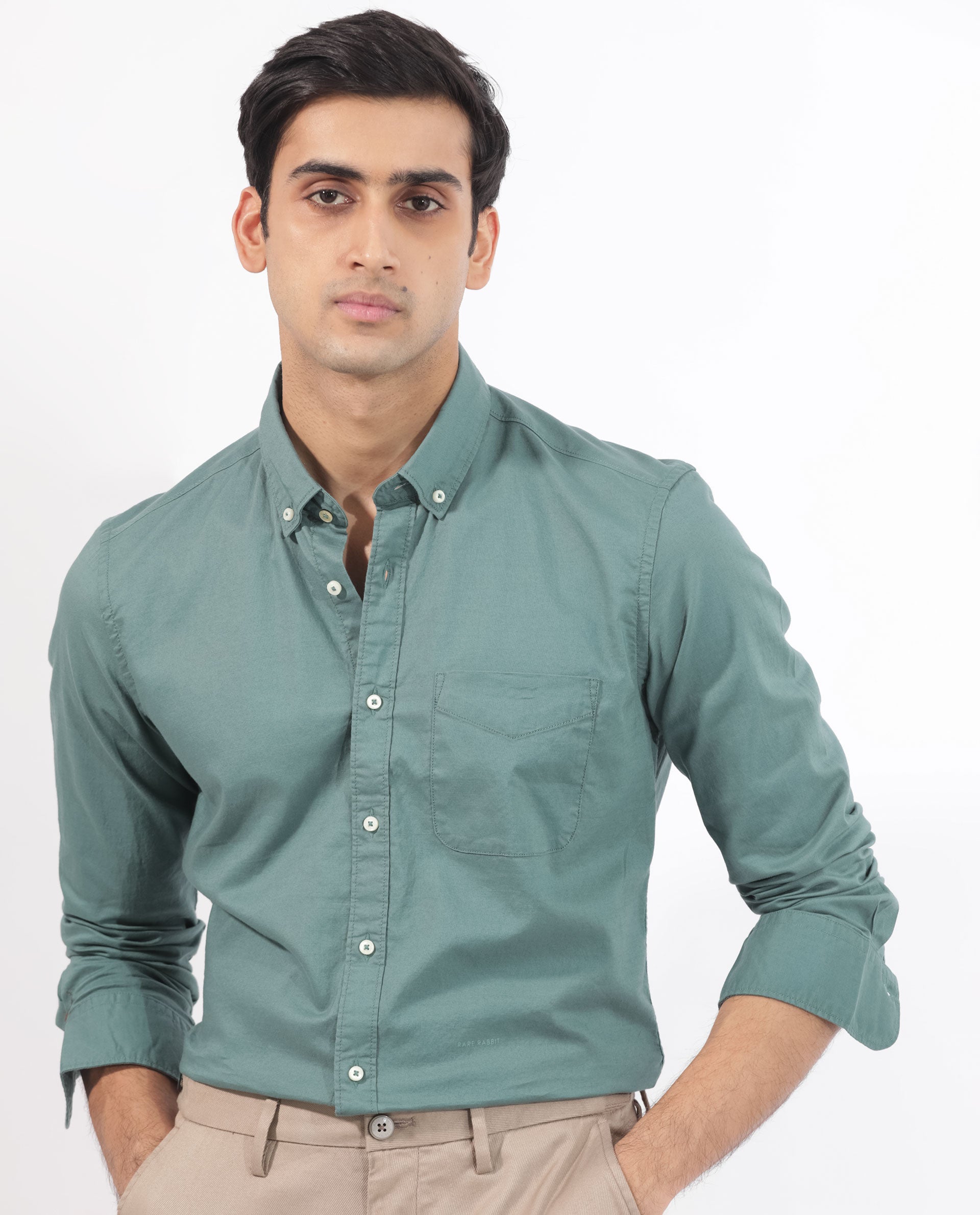 Rare Rabbit Men's Auxfo Light Petrol Cotton Fabric Full Sleeves Solid Shirt