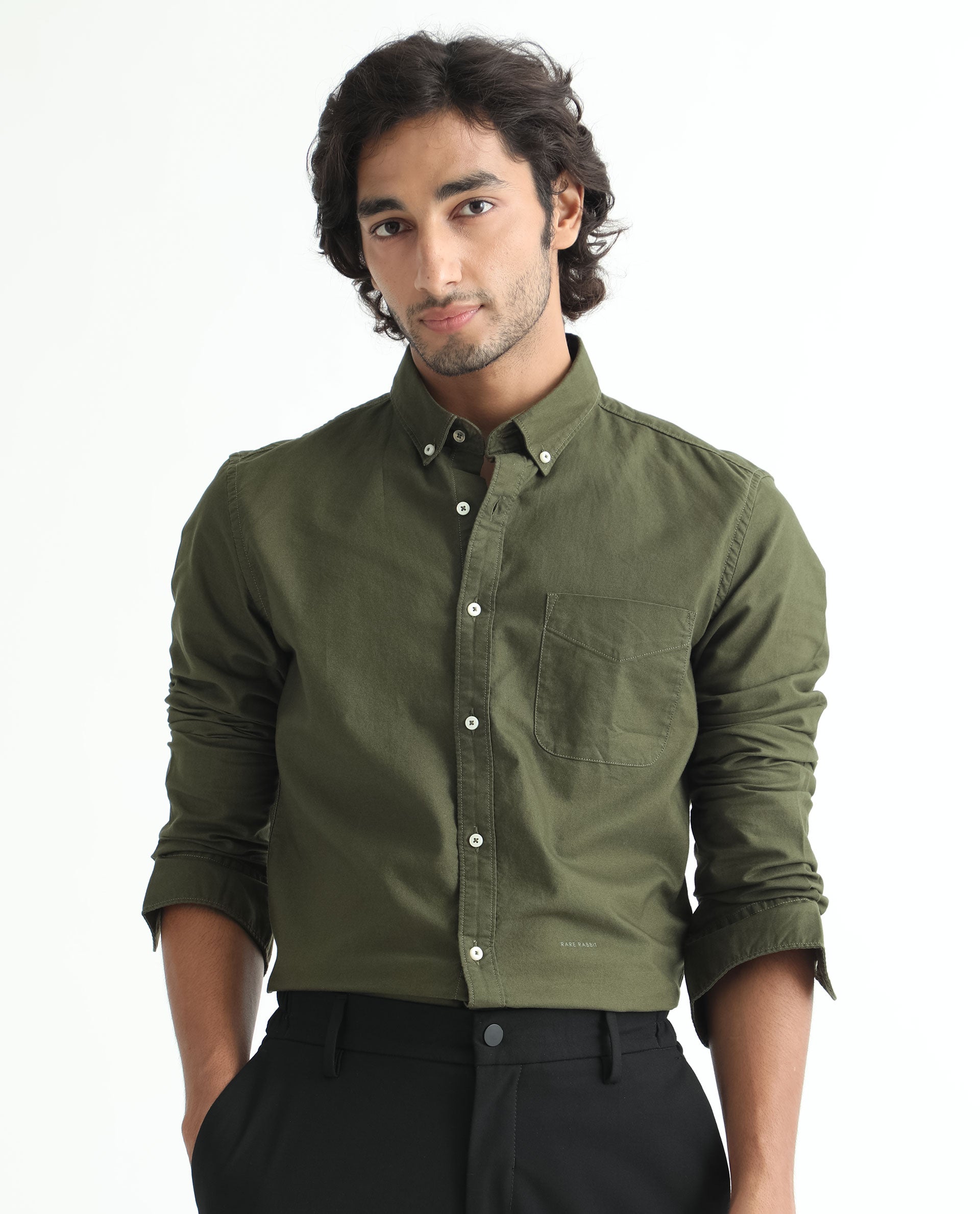 Rare Rabbit Men's Auxfo Olive Cotton Fabric Full Sleeves Solid Shirt